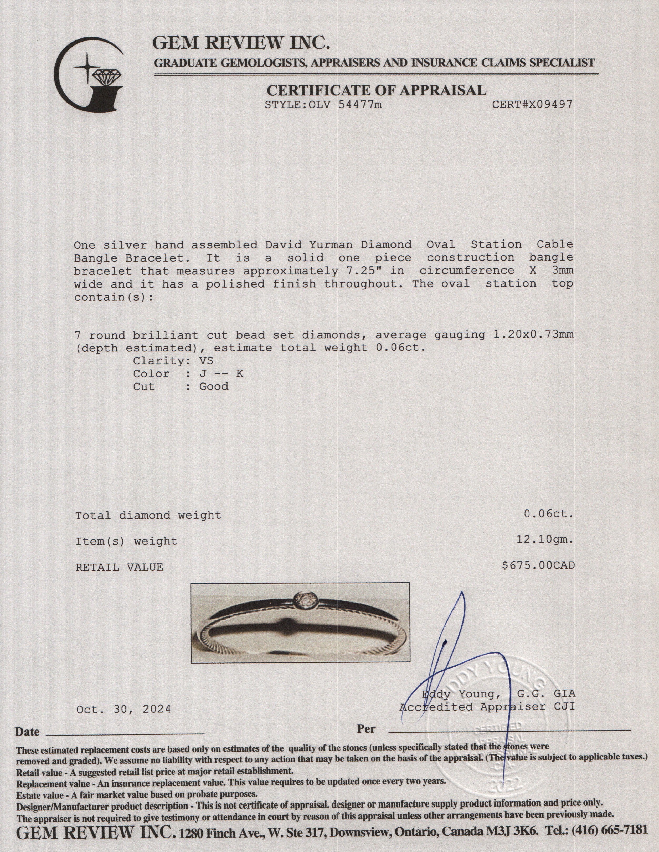 David Yurman Sterling Silver Diamond Oval Station 3 MM Cable Bangle Bracelet