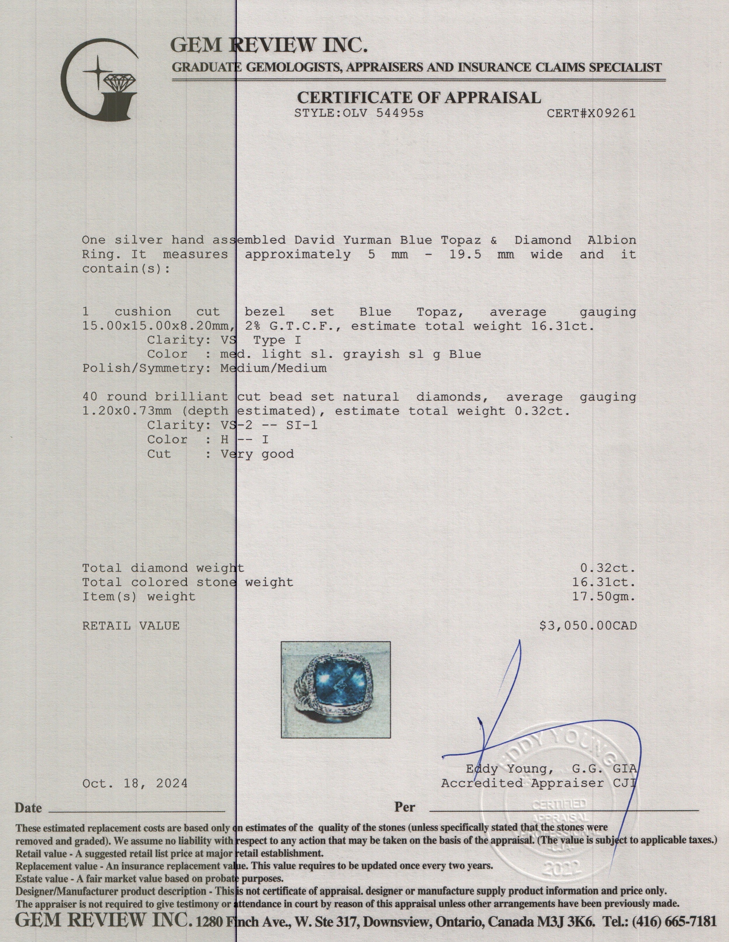 David Yurman Sterling Silver Blue Topaz & Diamond Albion Ring, Size 7