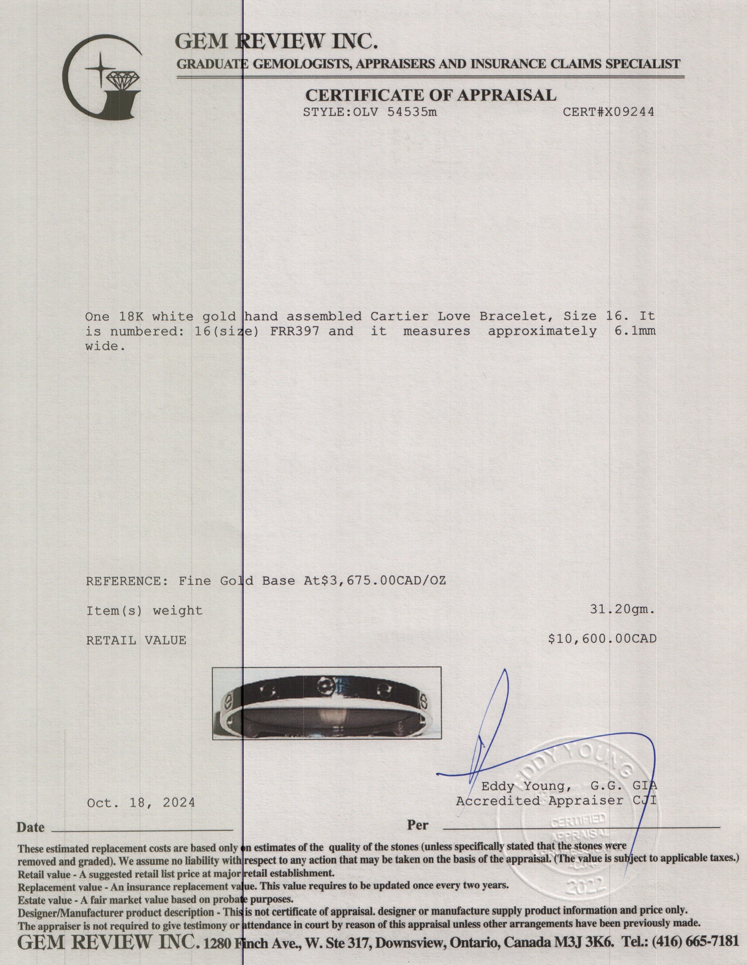 Cartier 18k White Gold Love Bracelet, Size 16 w/ Box