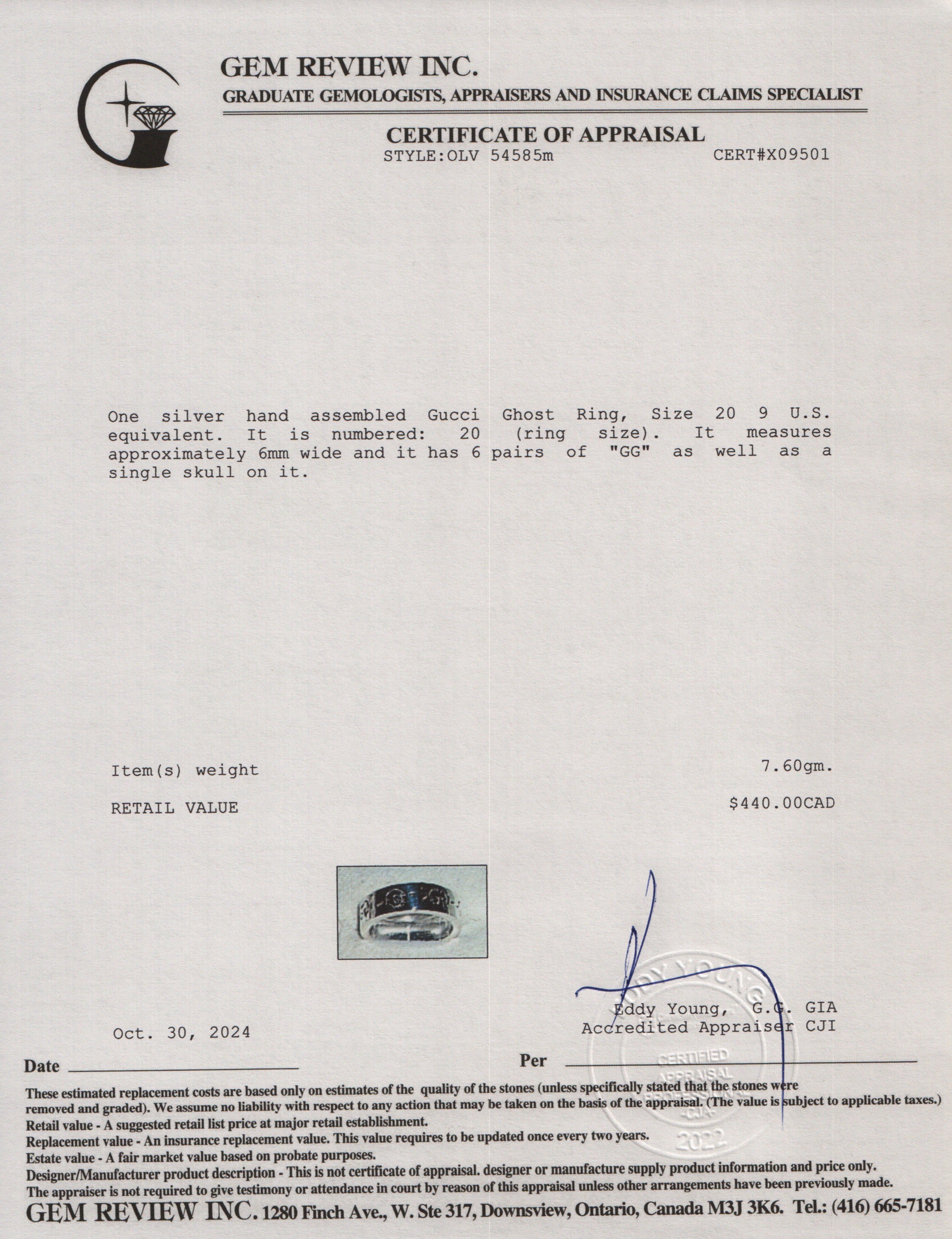 Gucci Sterling Silver Ghost Ring, Size 20 9