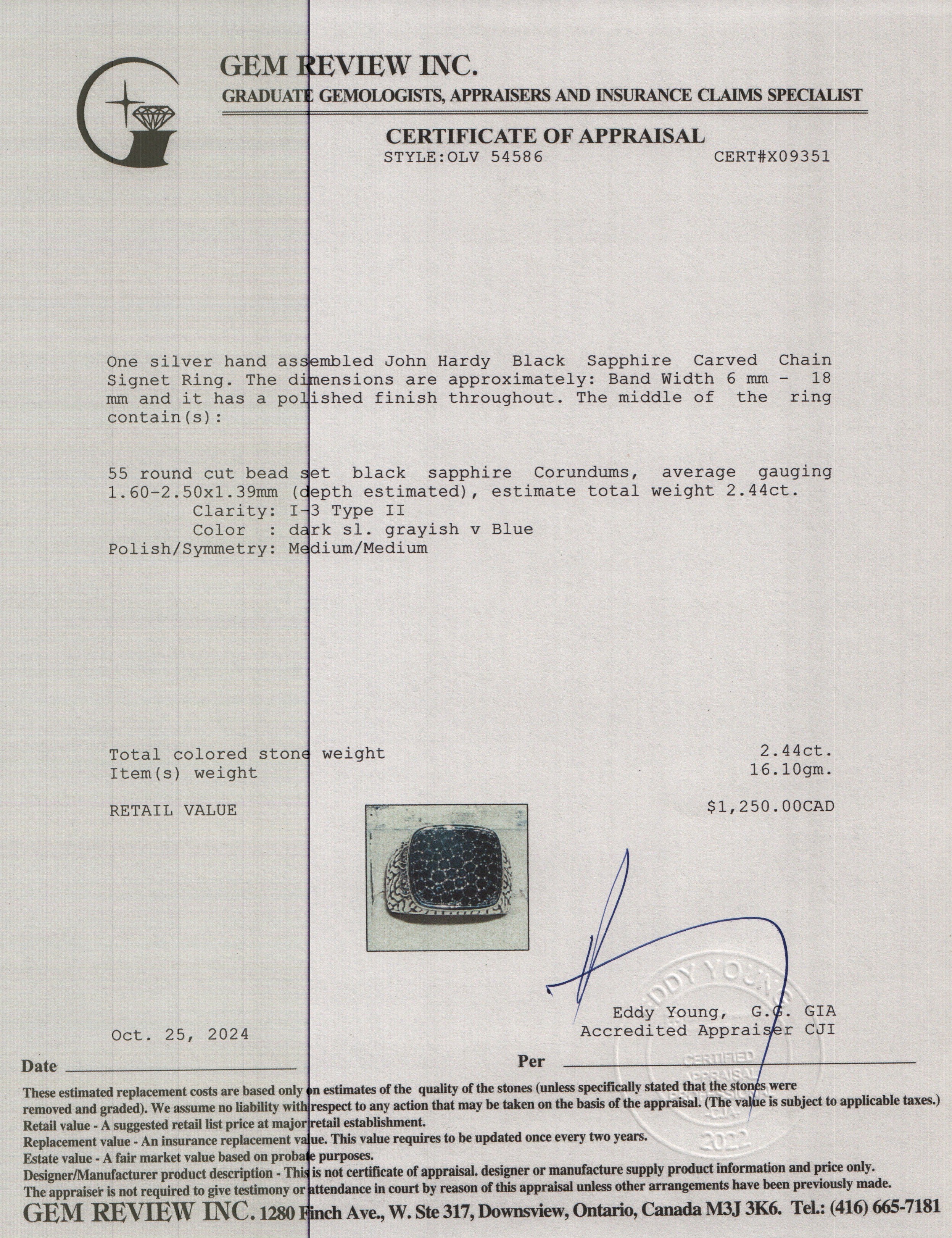 John Hardy Sterling Silver Black Sapphire Carved Chain Signet Ring, Size 12