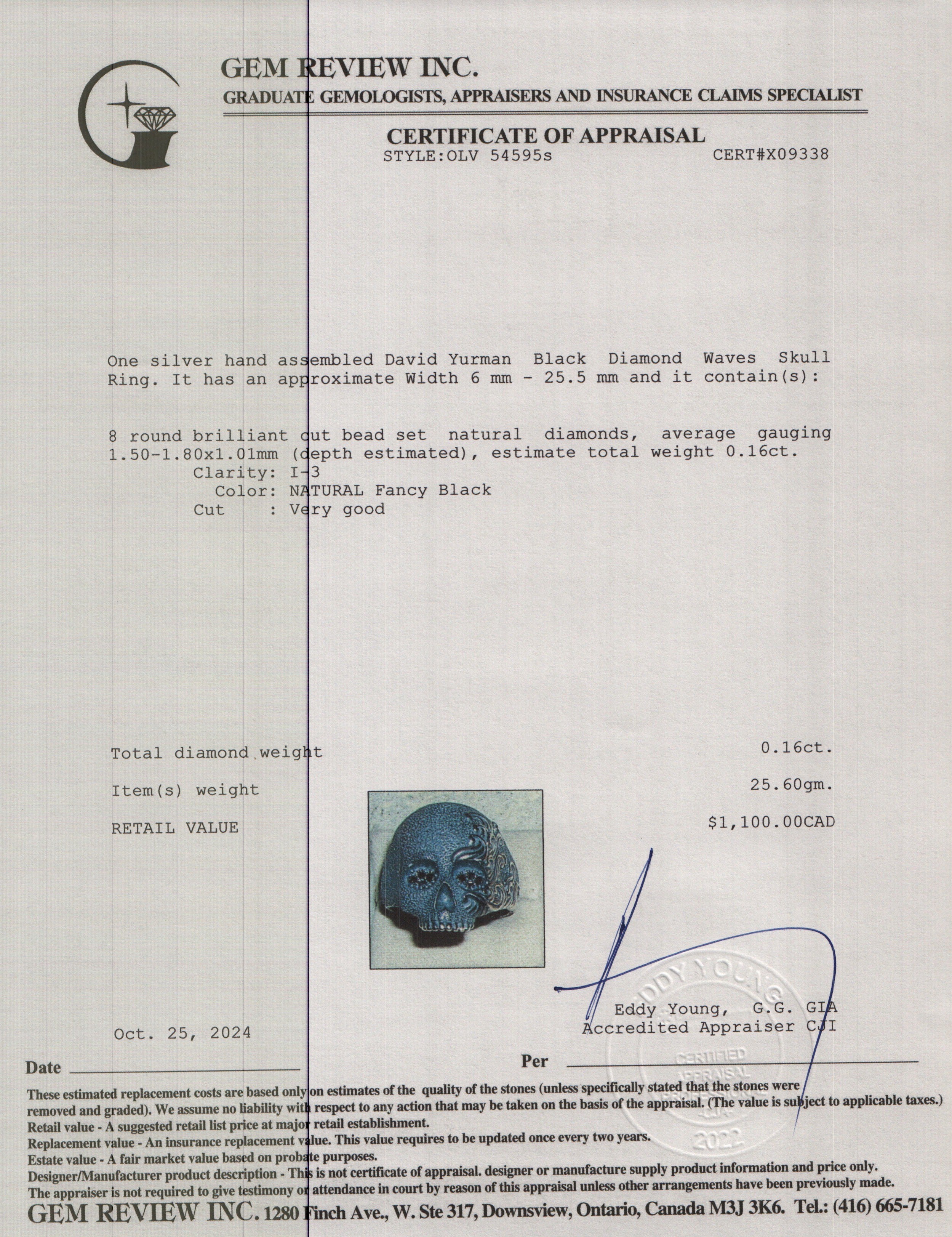 David Yurman Sterling Silver Black Diamond Waves Skull Ring, Size 12.75