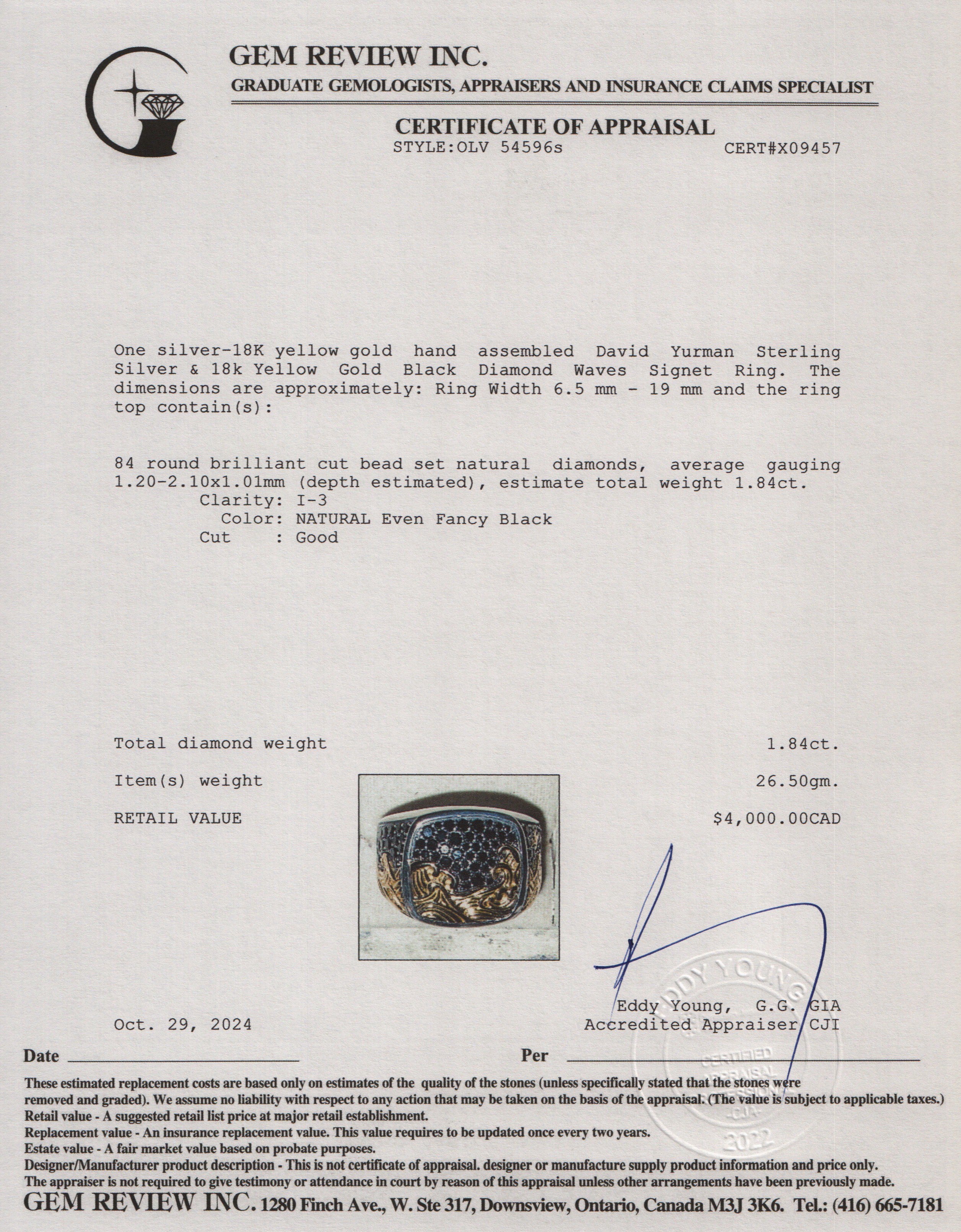 David Yurman Sterling Silver & 18k Yellow Gold Black Diamond Waves Signet Ring, Size 12.5 w/ Box