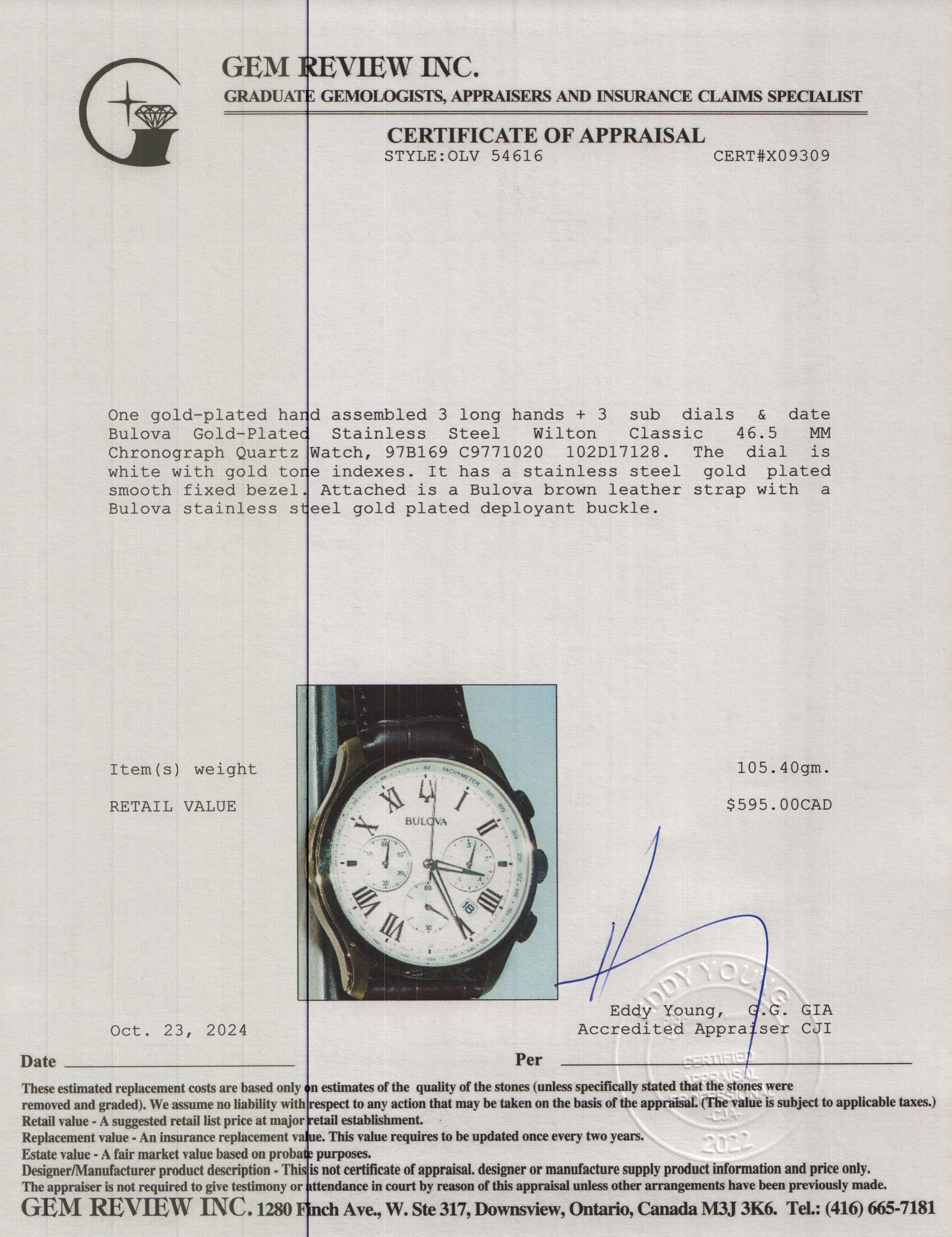 Bulova Gold-Plated Stainless Steel Wilton Classic 46.5 MM Chronograph Quartz Watch 97B169