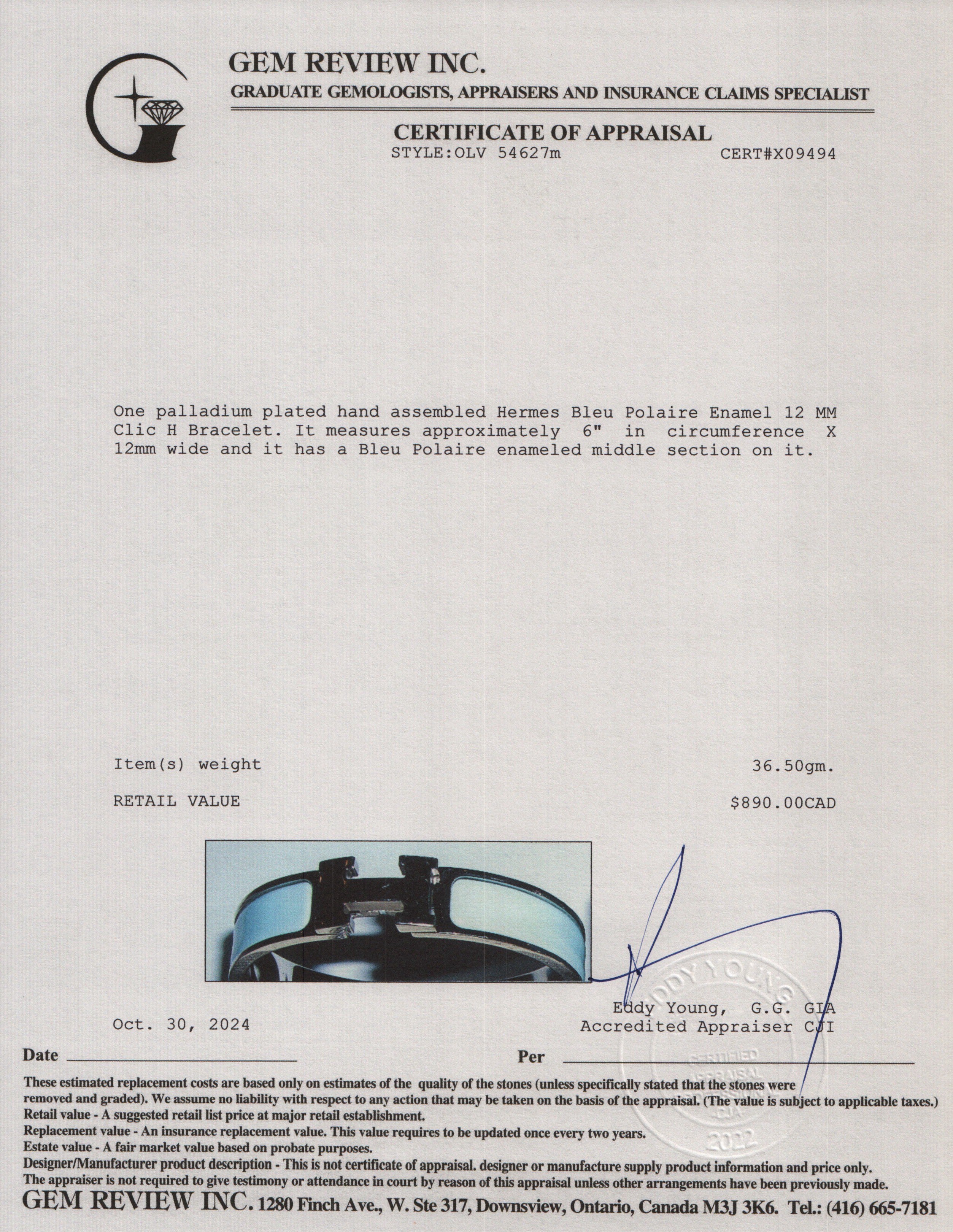 Hermes Palladium Plated Bleu Polaire Enamel 12 MM Clic H Bracelet w/ Box