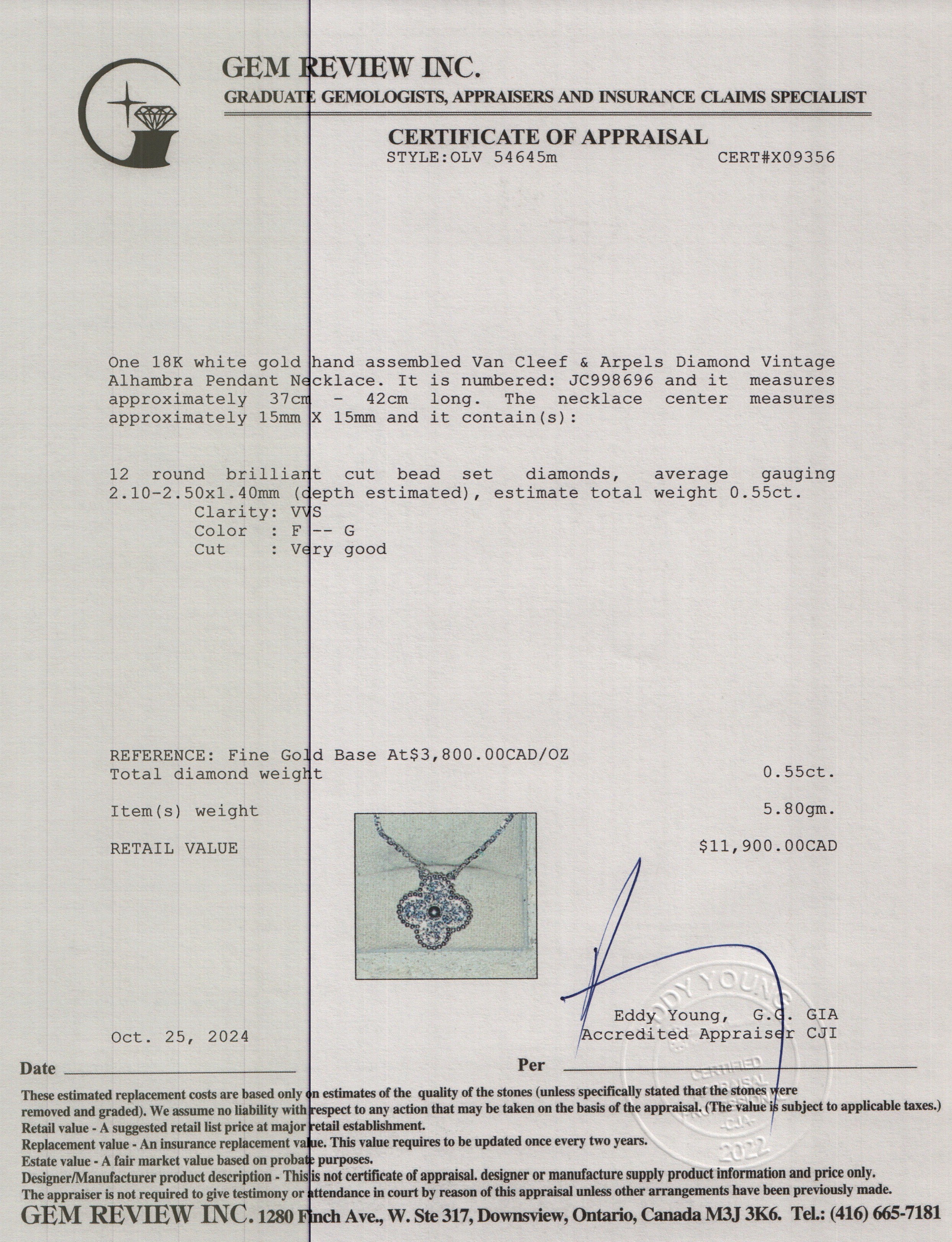 Van Cleef & Arpels 2022 18k White Gold Diamond Vintage Alhambra Pendant Necklace w/ Box & Certificate
