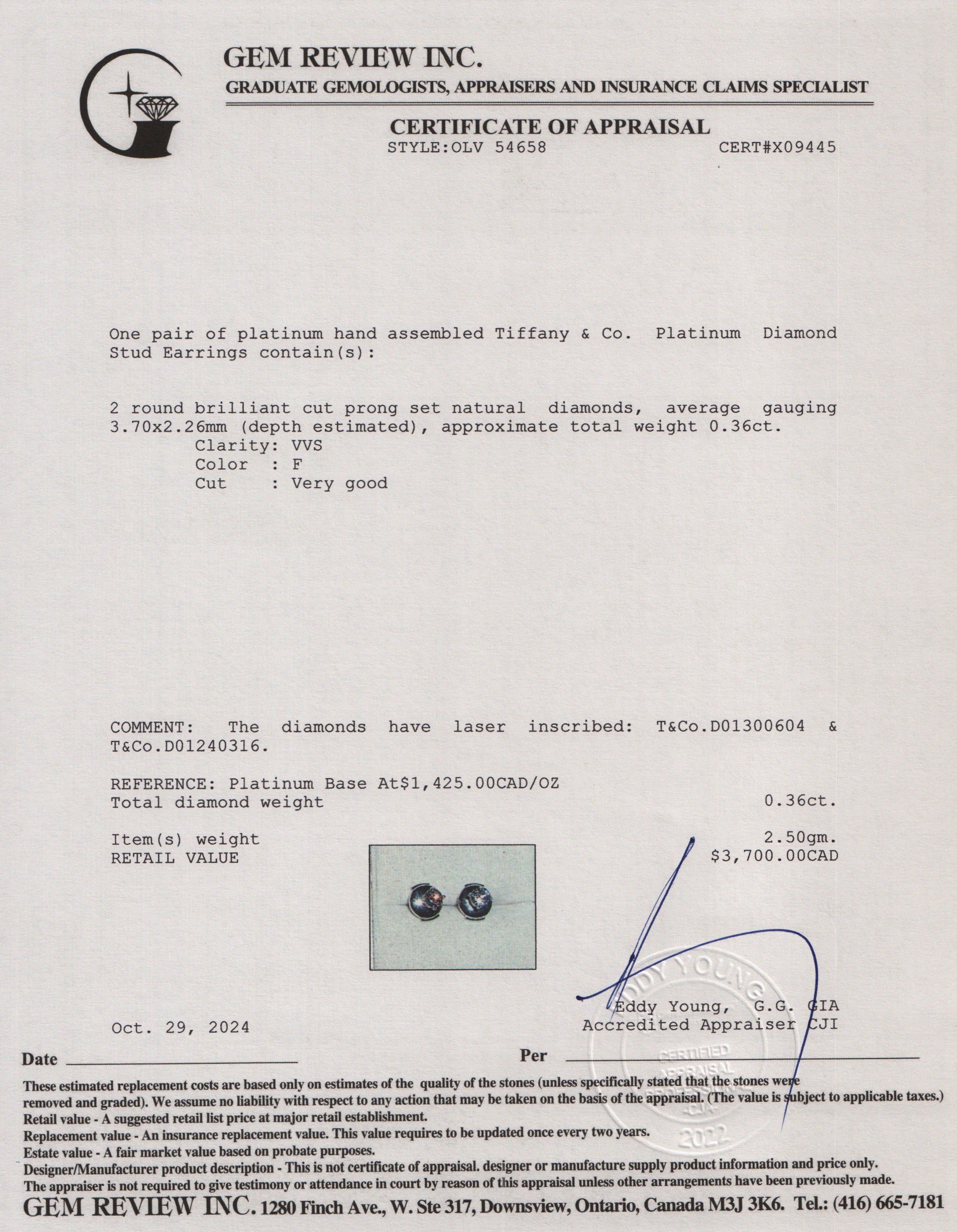 Tiffany & Co. Platinum 0.36 tcw. Diamond Stud Earrings w/ Box