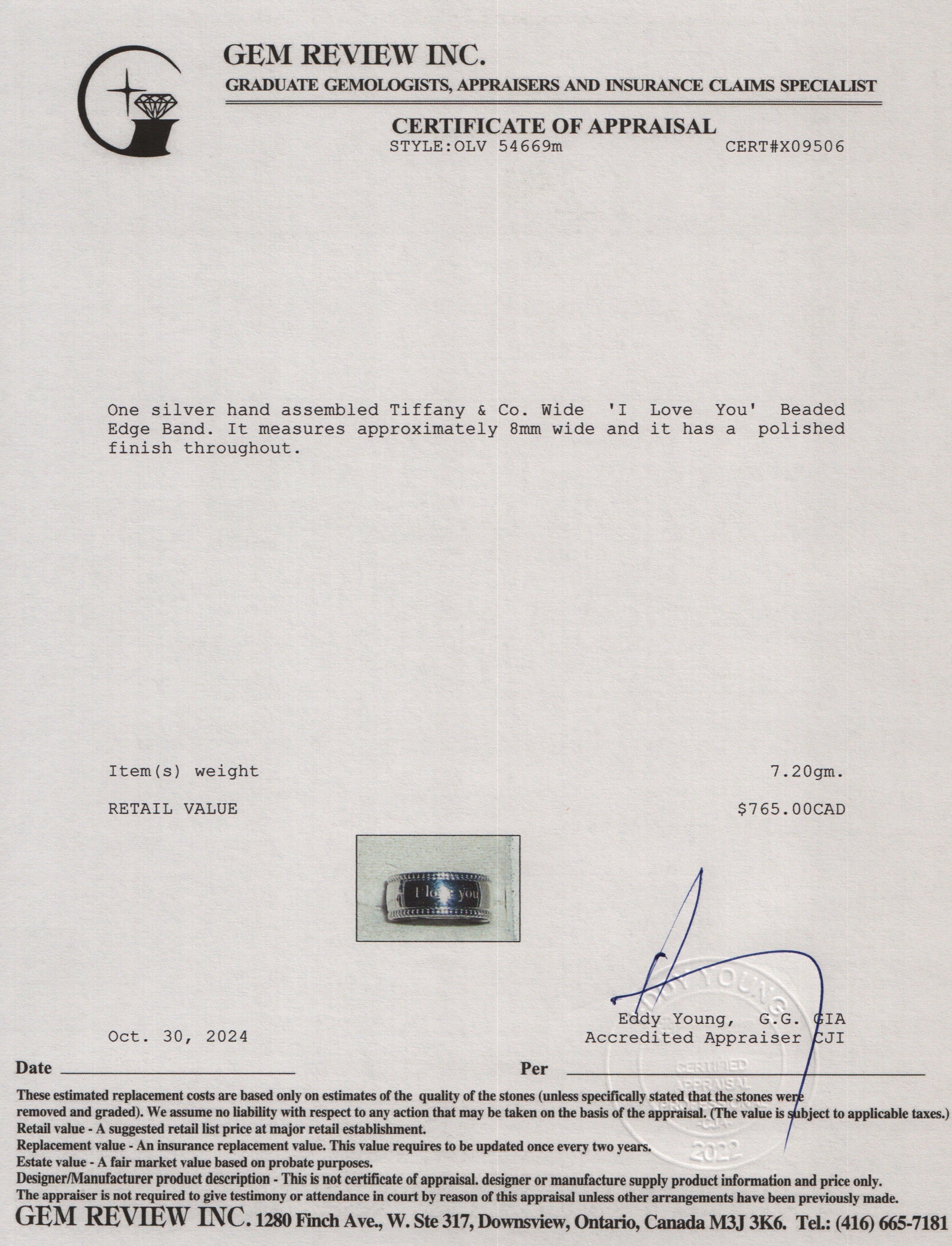 Tiffany & Co. Sterling Silver Wide 'I Love You' Beaded Edge Band, Size 6