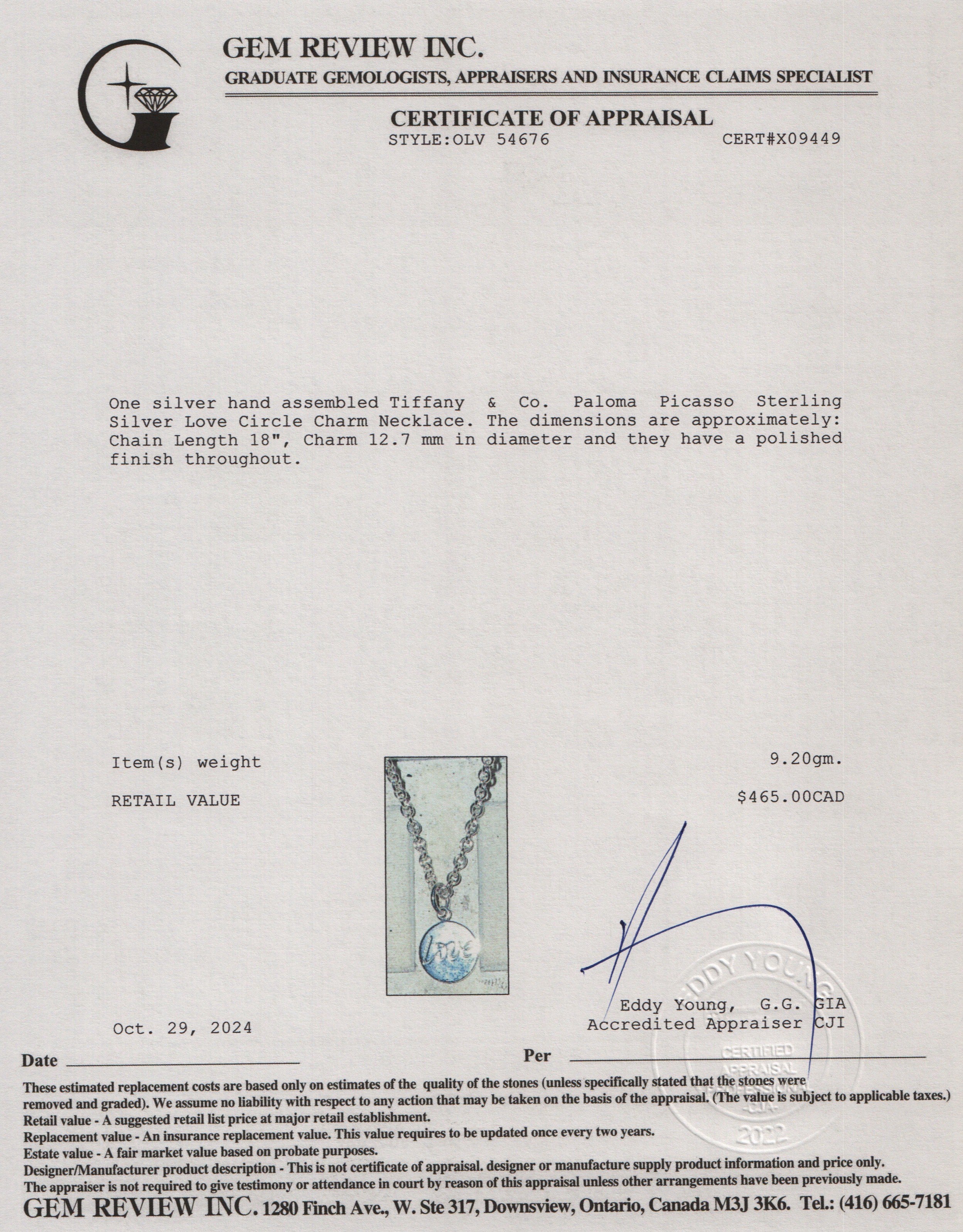 Tiffany & Co. Paloma Picasso Sterling Silver Love Circle Charm Necklace