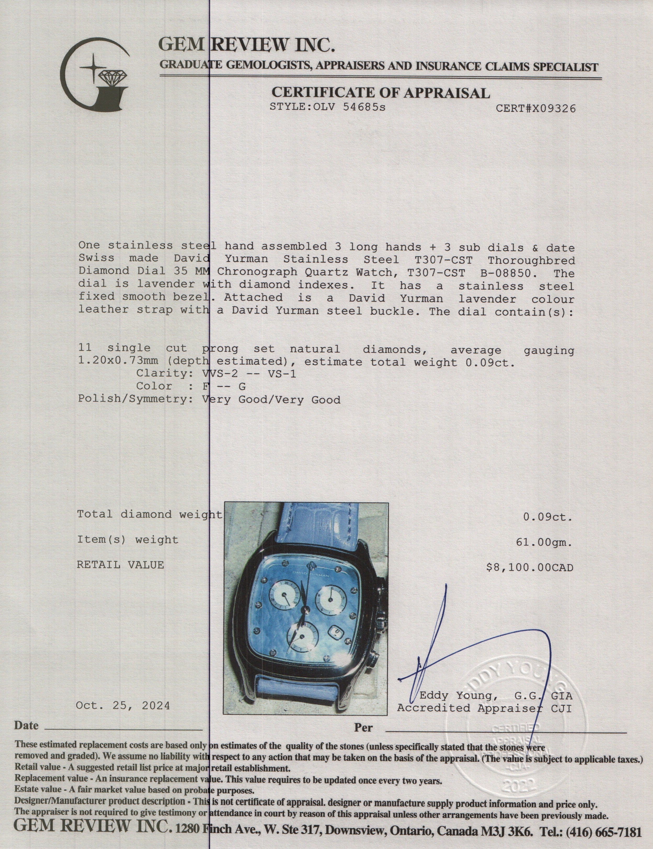 David Yurman Stainless Steel T307-CST Thoroughbred Diamond Dial 35 MM Chronograph Quartz Watch w/ Box & Papers