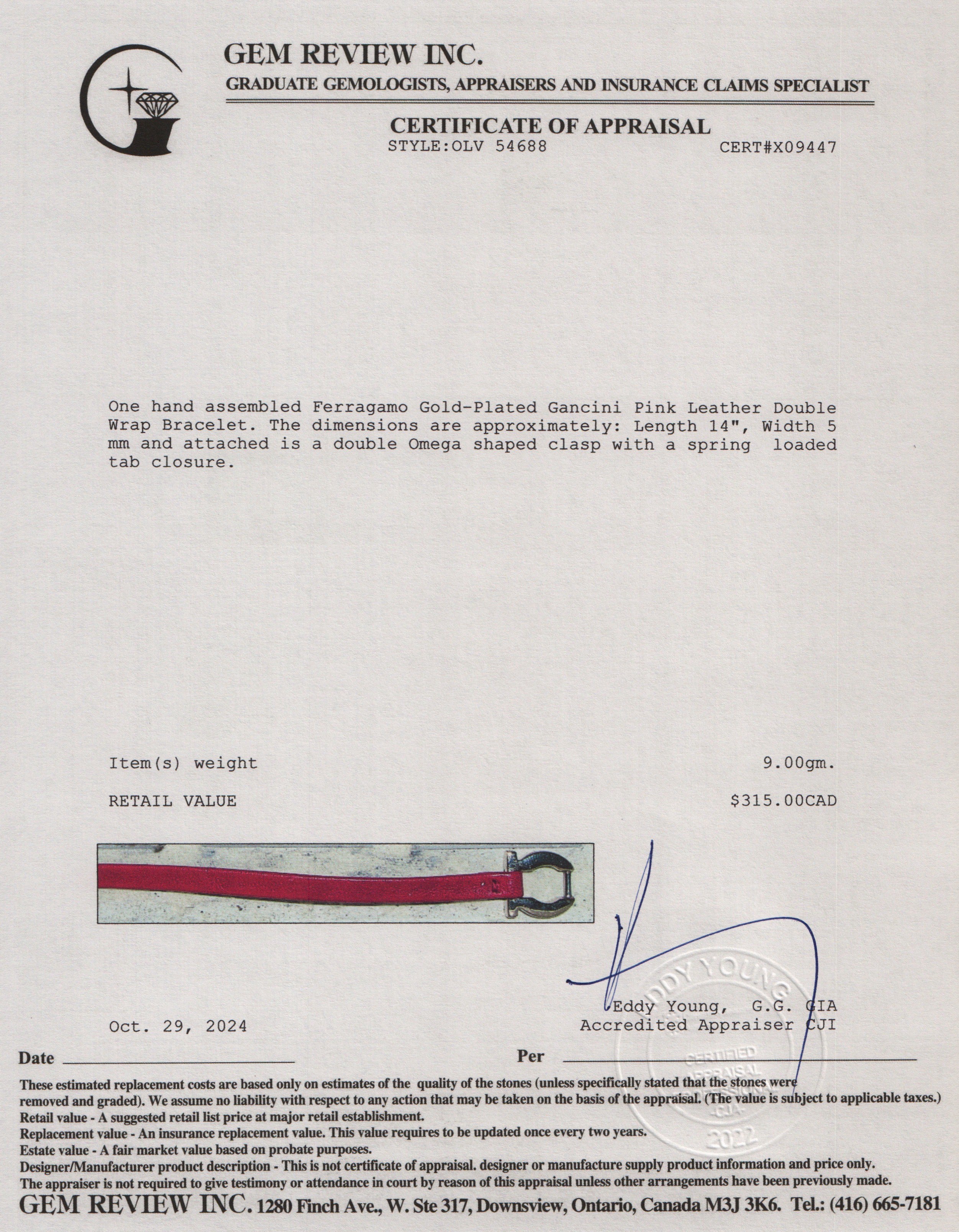 Ferragamo Gold-Plated Gancini Pink Leather Double Wrap Bracelet w/ Box