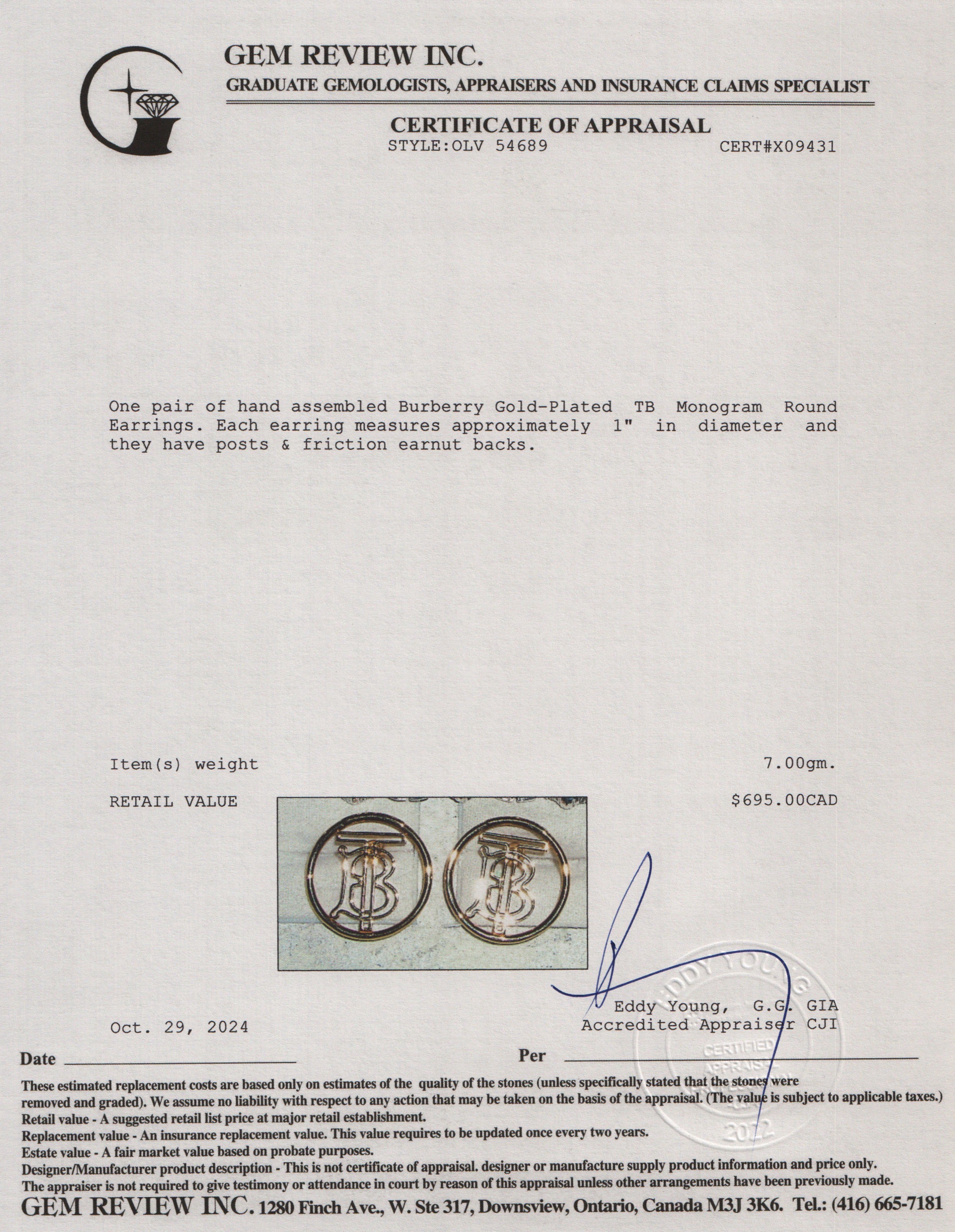 Burberry Gold-Plated TB Monogram Round Earrings w/ Box