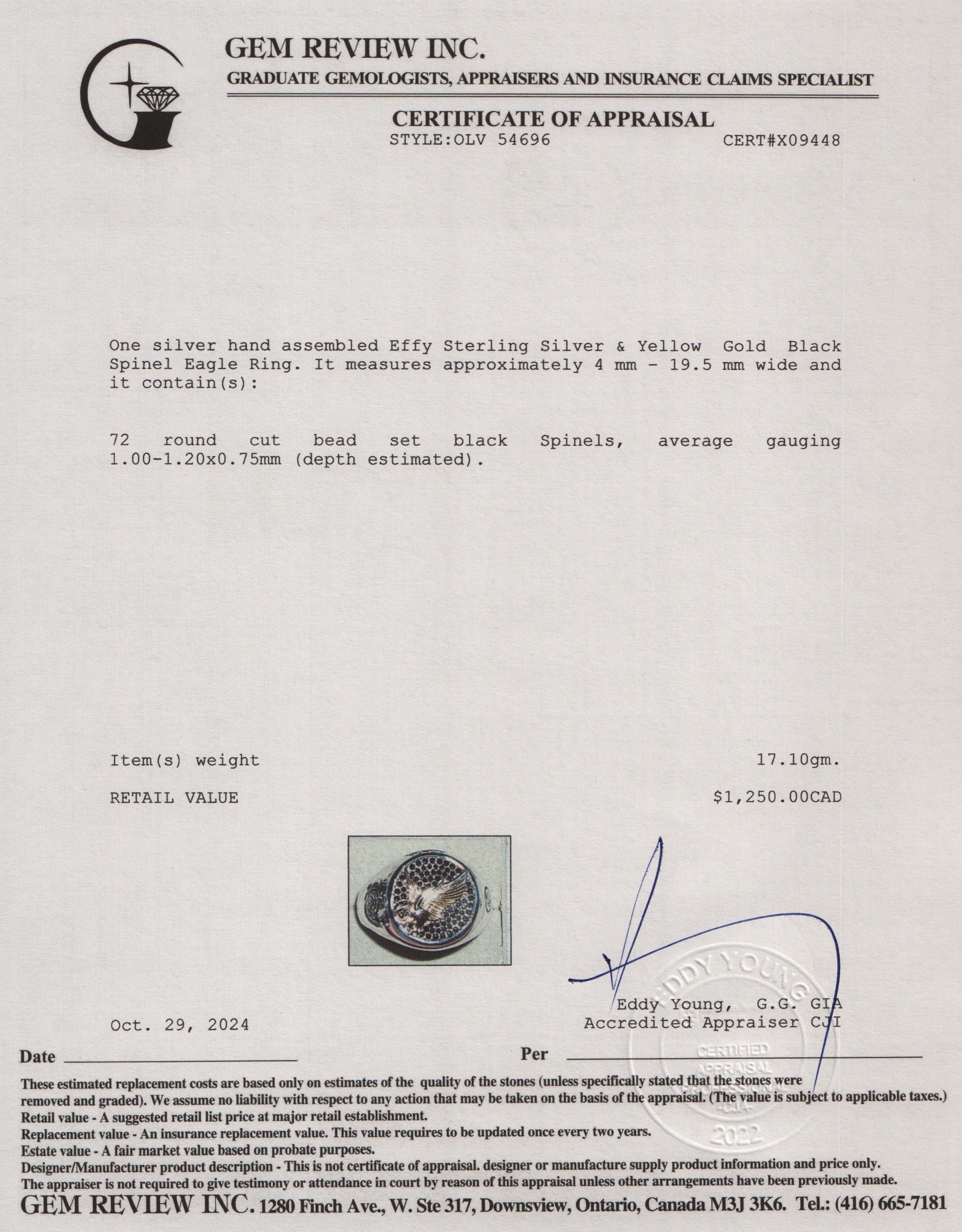 Effy Sterling Silver & Yellow Gold Black Spinel Eagle Ring, Size 13.25