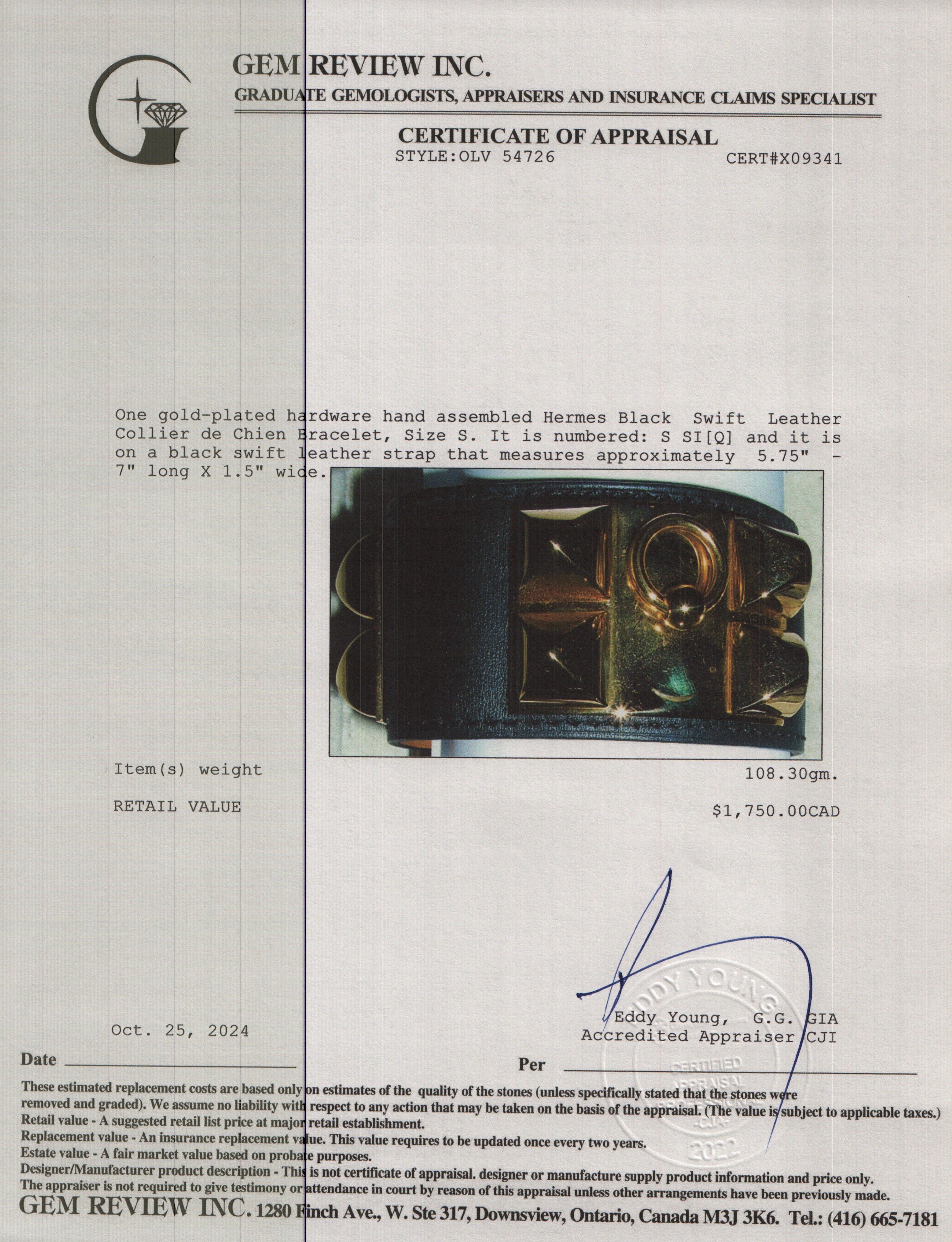 Hermes Gold-Plated Black Swift Leather Collier de Chien Bracelet, Size S