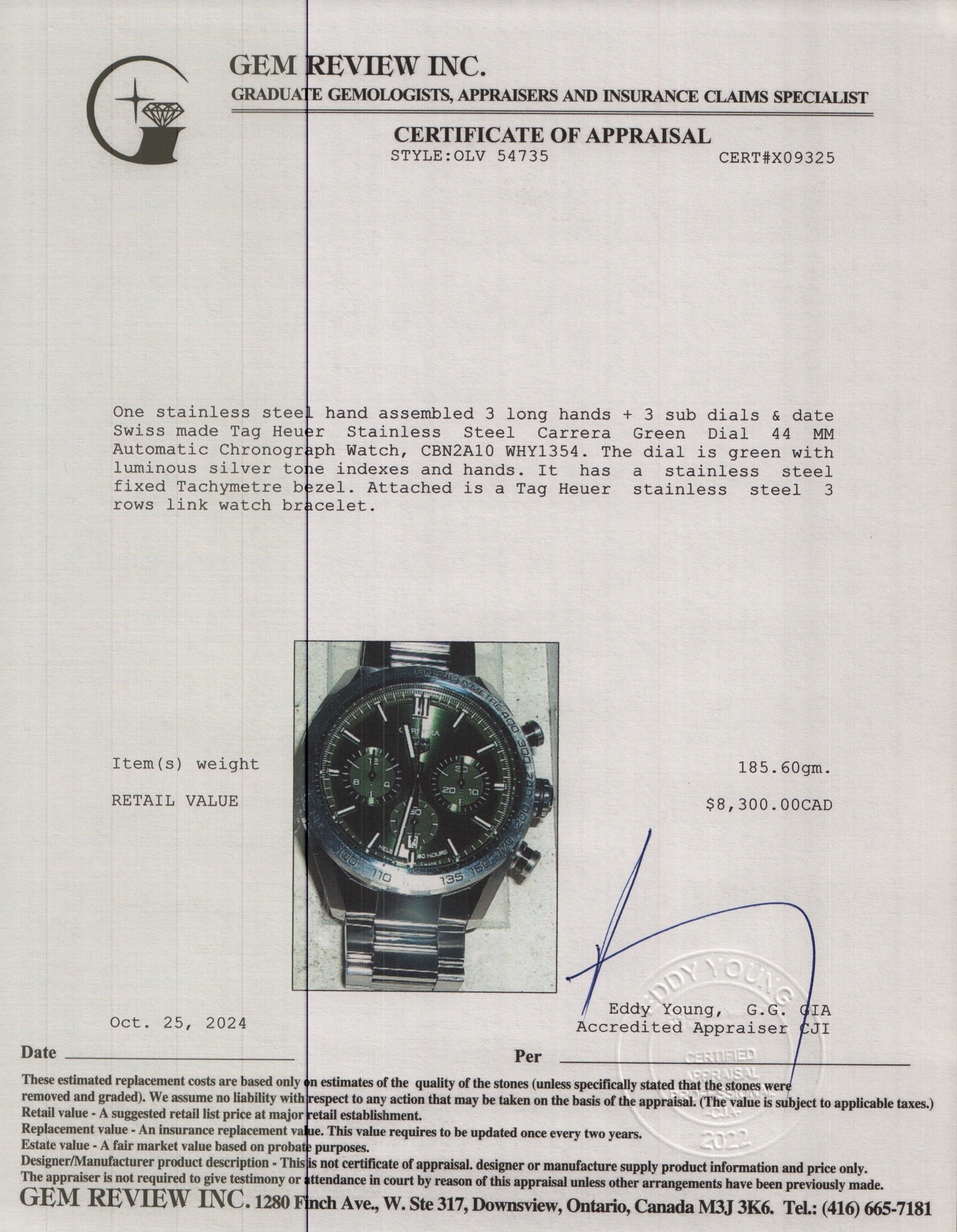 Tag Heuer Stainless Steel Carrera Green Dial 44 MM Automatic Chronograph Watch CBN2A10