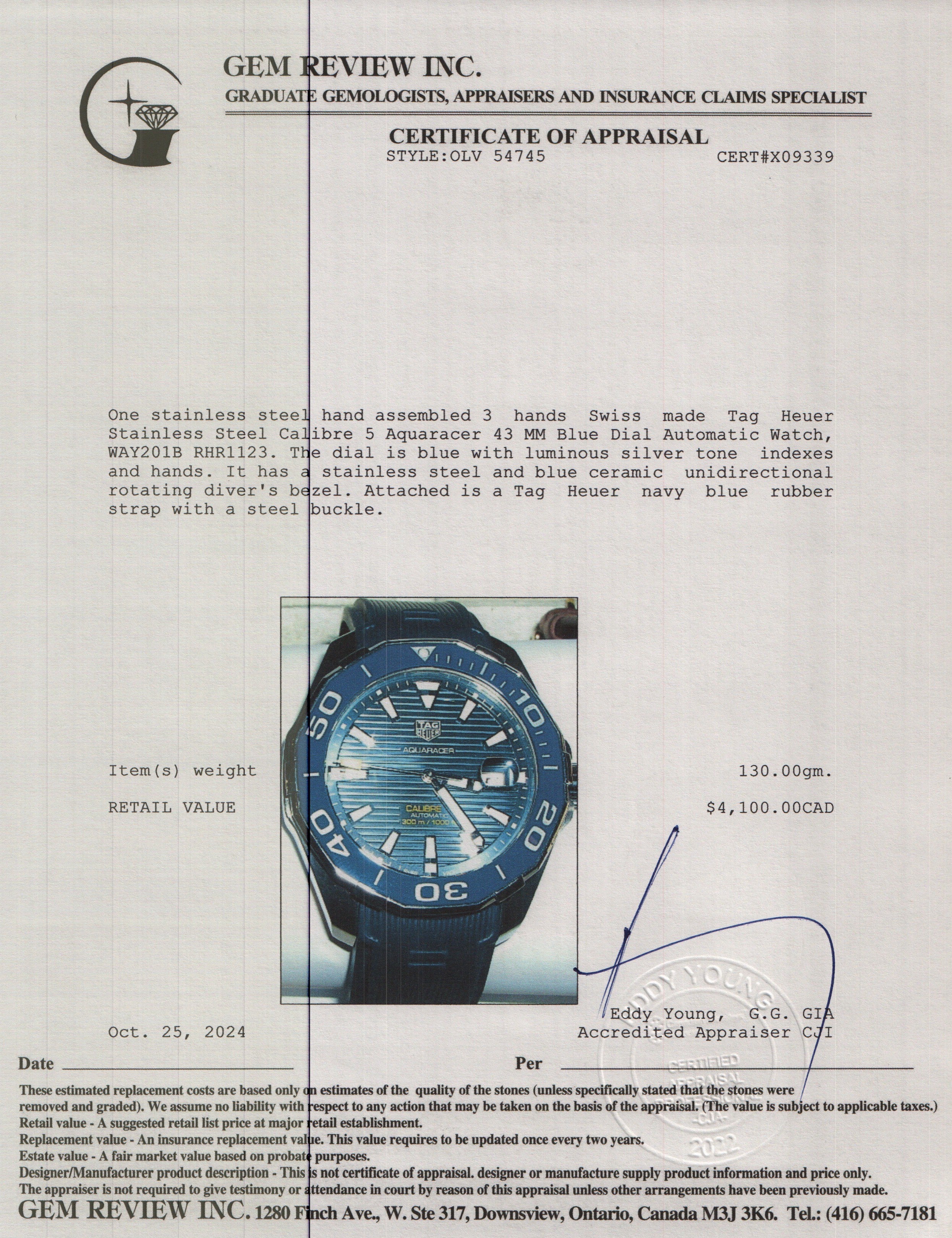 Tag Heuer Stainless Steel Calibre 5 Aquaracer 43 MM Blue Dial Automatic Watch WAY201B