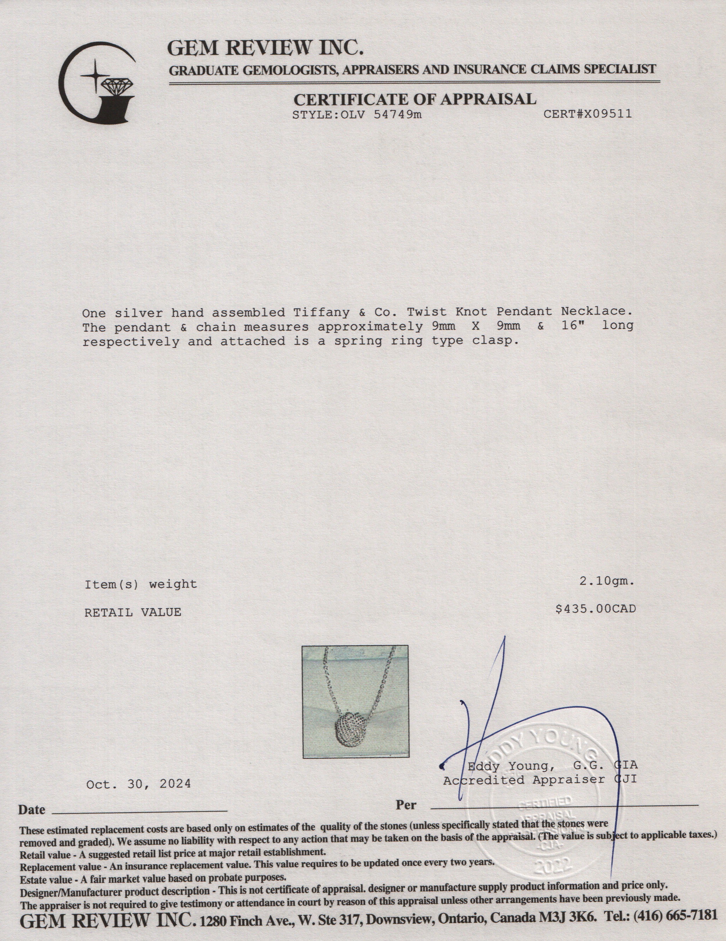 Tiffany & Co. Sterling Silver Twist Knot Pendant Necklace