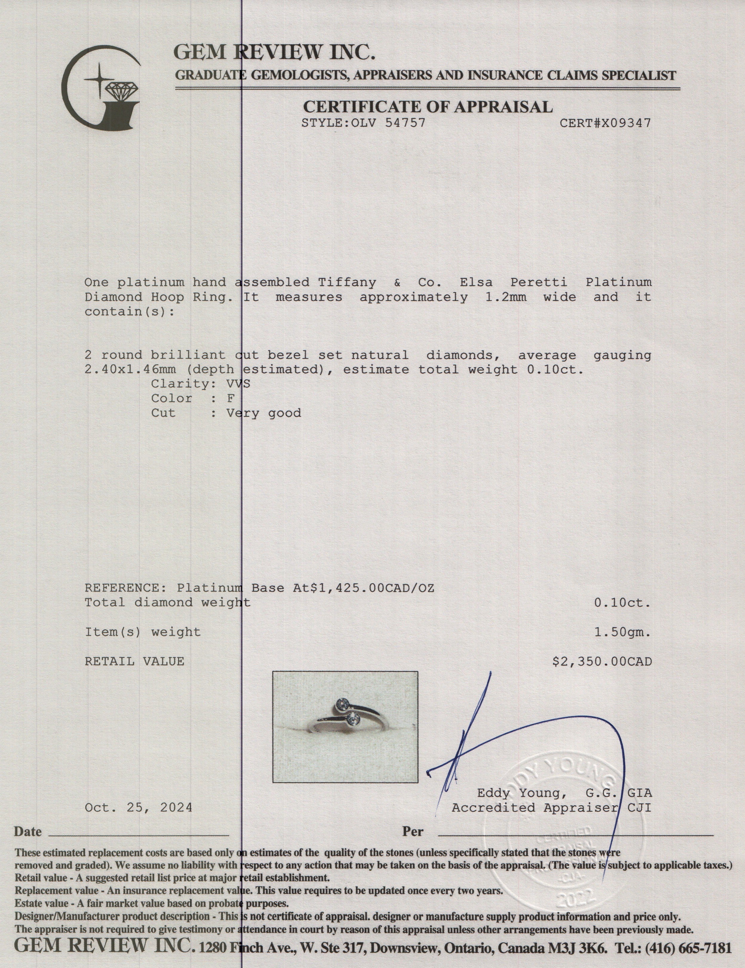 Tiffany & Co. Elsa Peretti Platinum Diamond Hoop Ring, Size 4.25