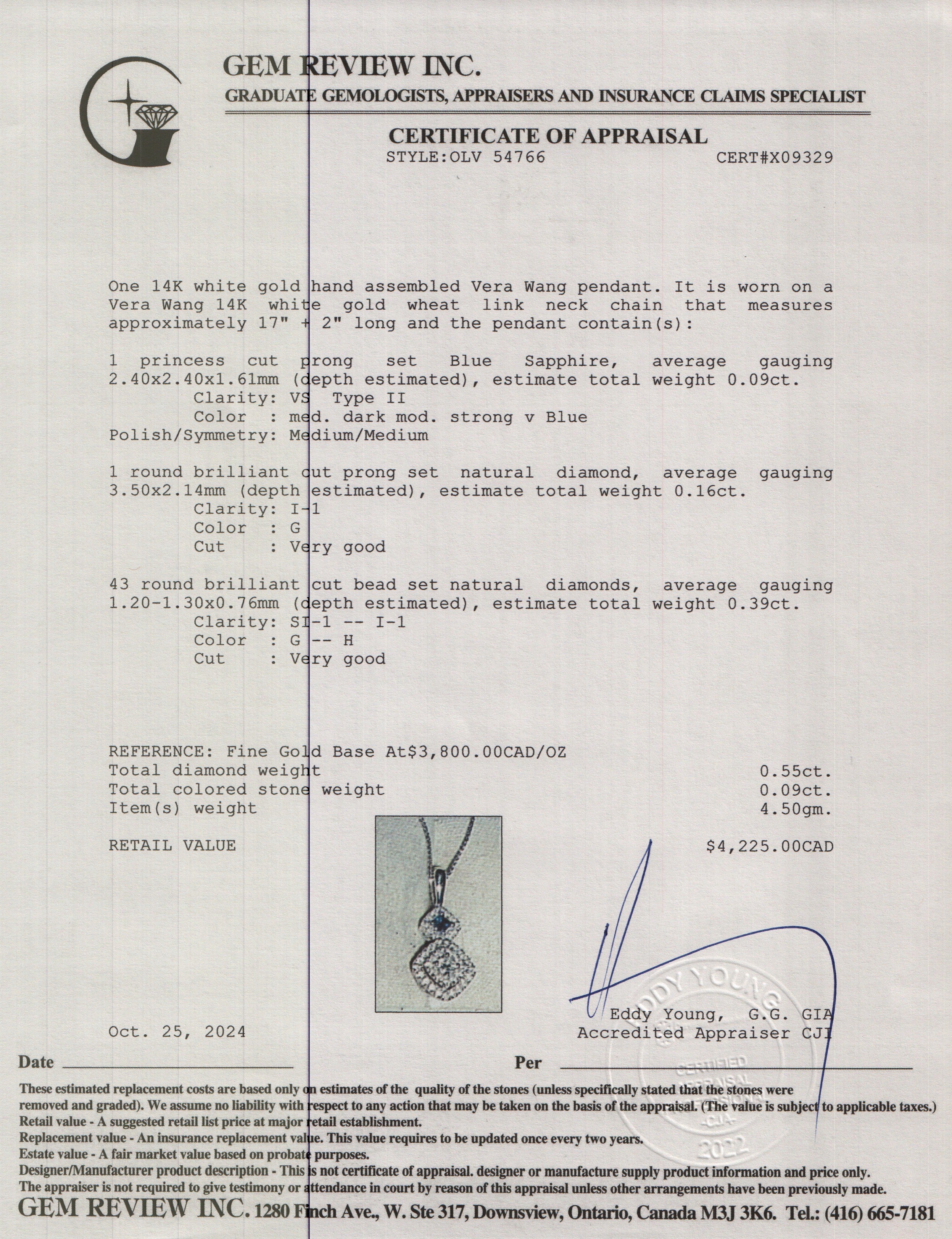 Vera Wang 18k White Gold Sapphire & Diamond Pendant Necklace