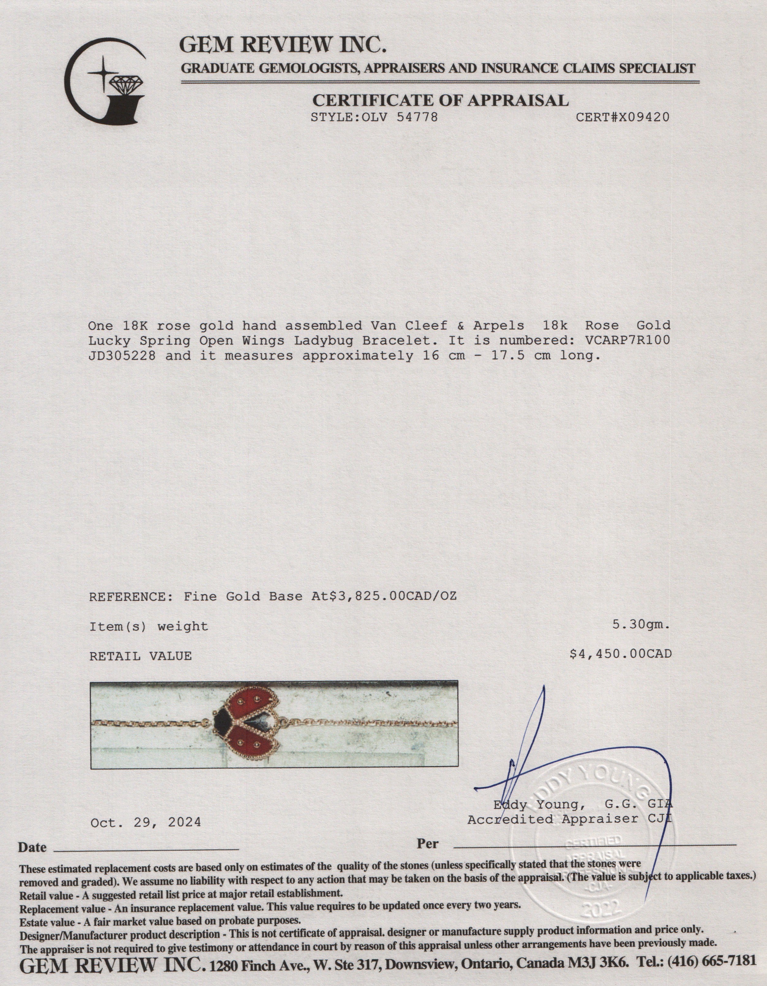 Van Cleef & Arpels 18k Rose Gold Lucky Spring Open Wings Ladybug Bracelet w/ Certificate