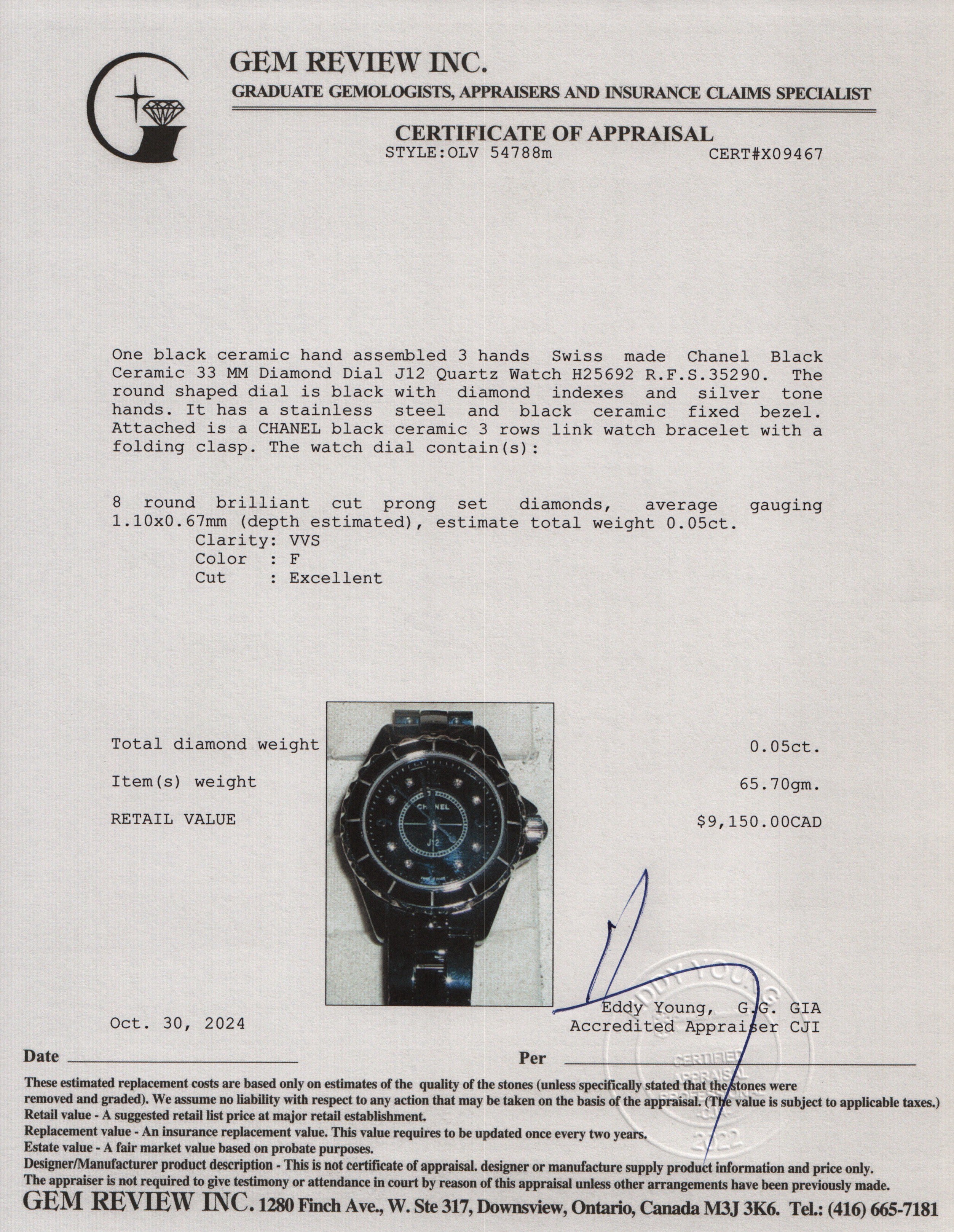 Chanel Black Ceramic 33 MM Diamond Dial J12 Quartz Watch H2569