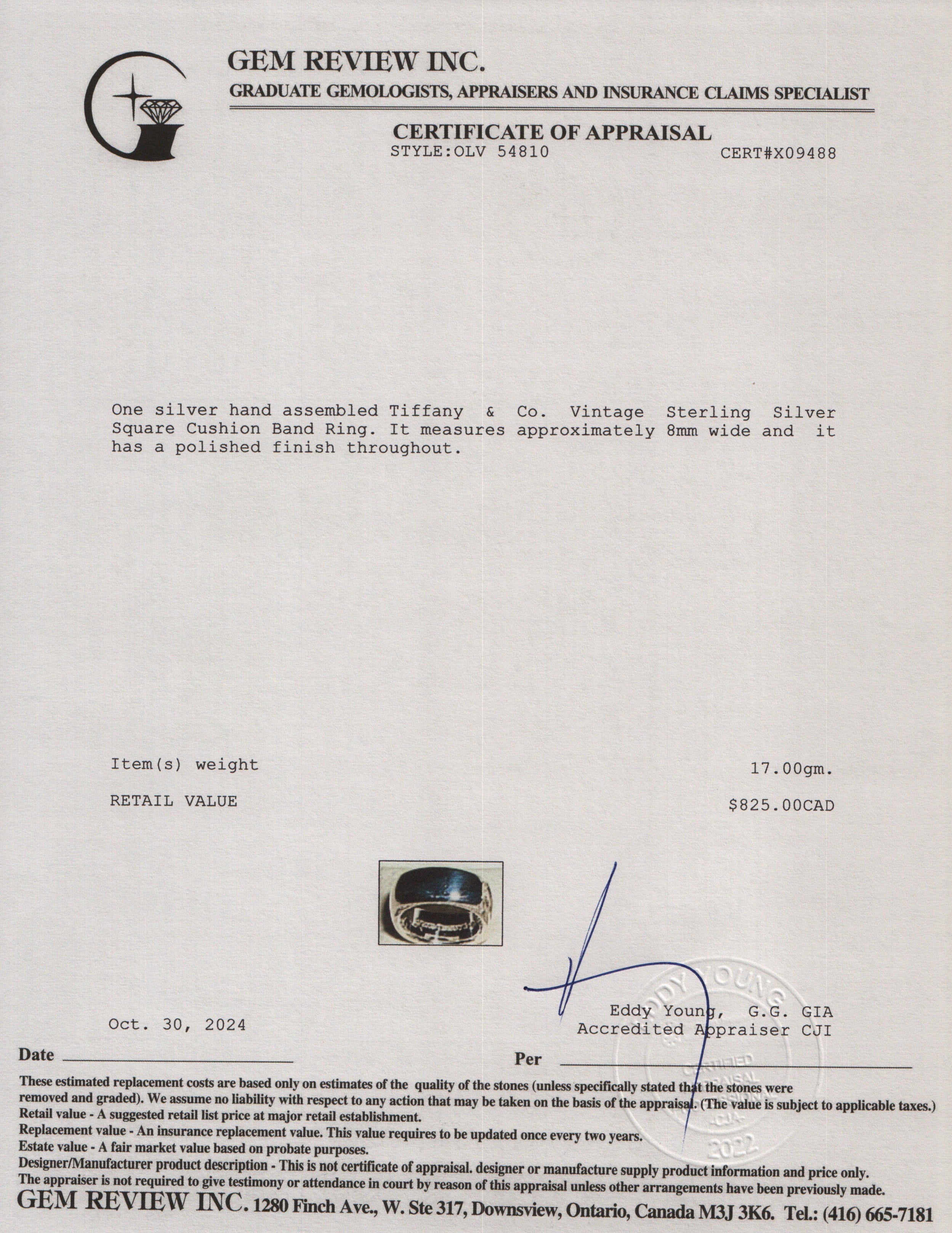 Tiffany & Co. Vintage Sterling Silver Square Cushion Band Ring, Size 12