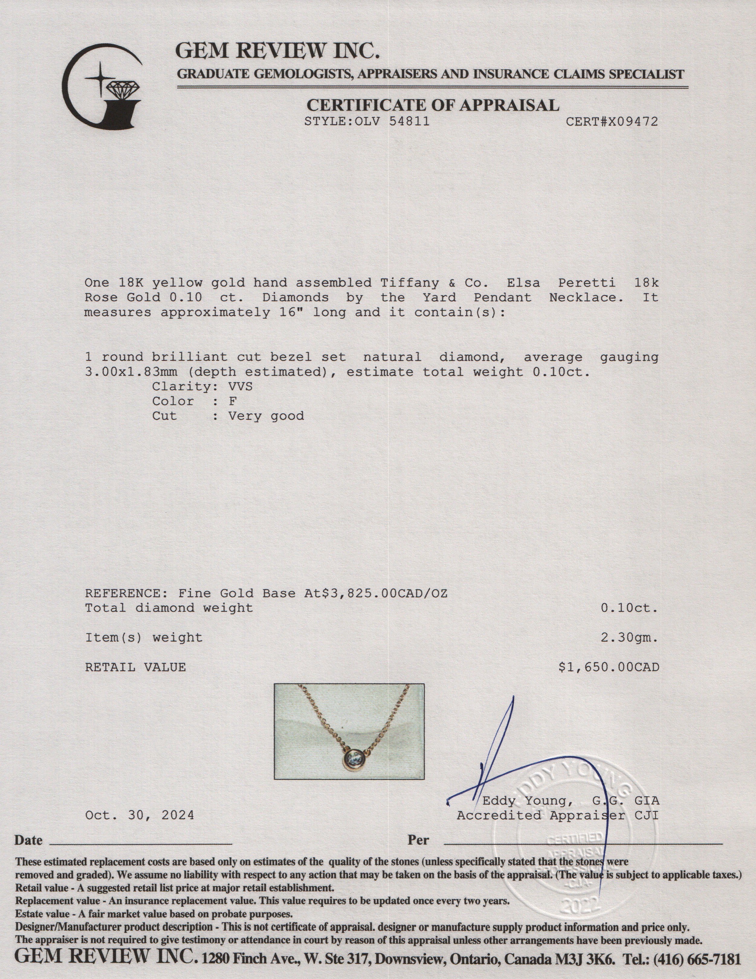 Tiffany & Co. Elsa Peretti 18k Rose Gold 0.10 ct. Diamonds by the Yard Pendant Necklace w/ Box & Receipt