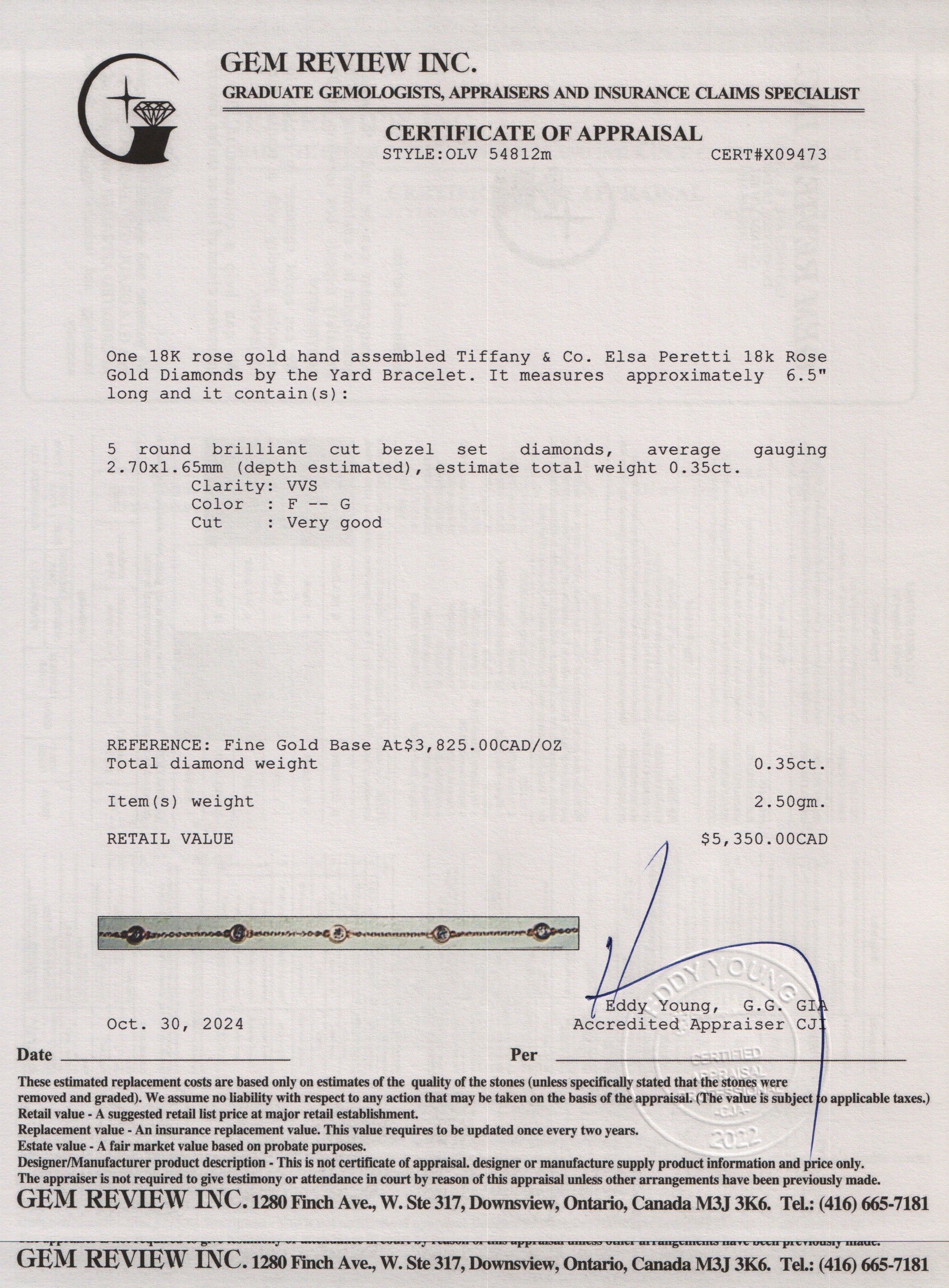 Tiffany & Co. Elsa Peretti 18k Rose Gold Diamonds by the Yard Bracelet w/ Box