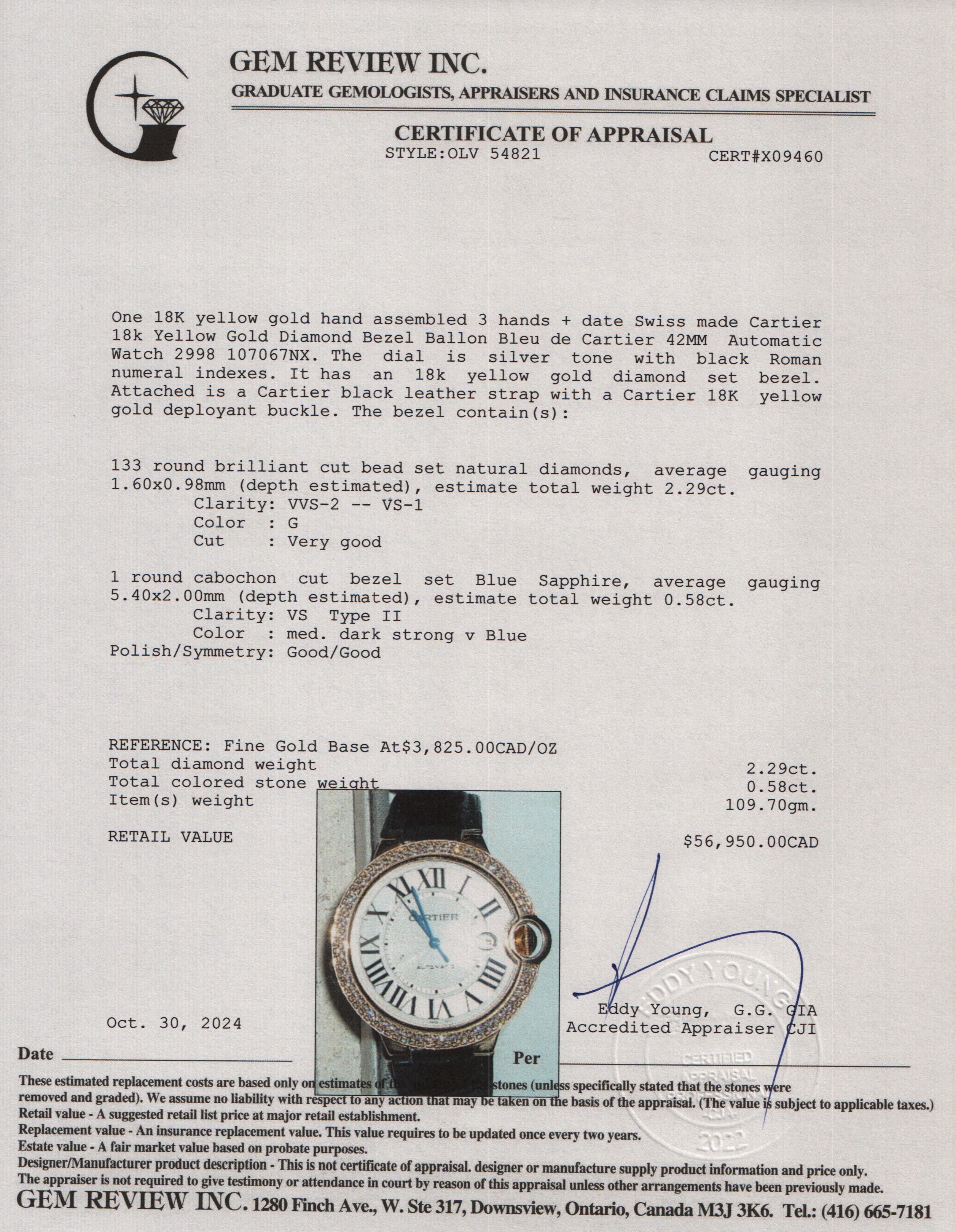 Cartier 18k Yellow Gold Diamond Bezel Ballon Bleu de Cartier 42MM Automatic Watch 2998