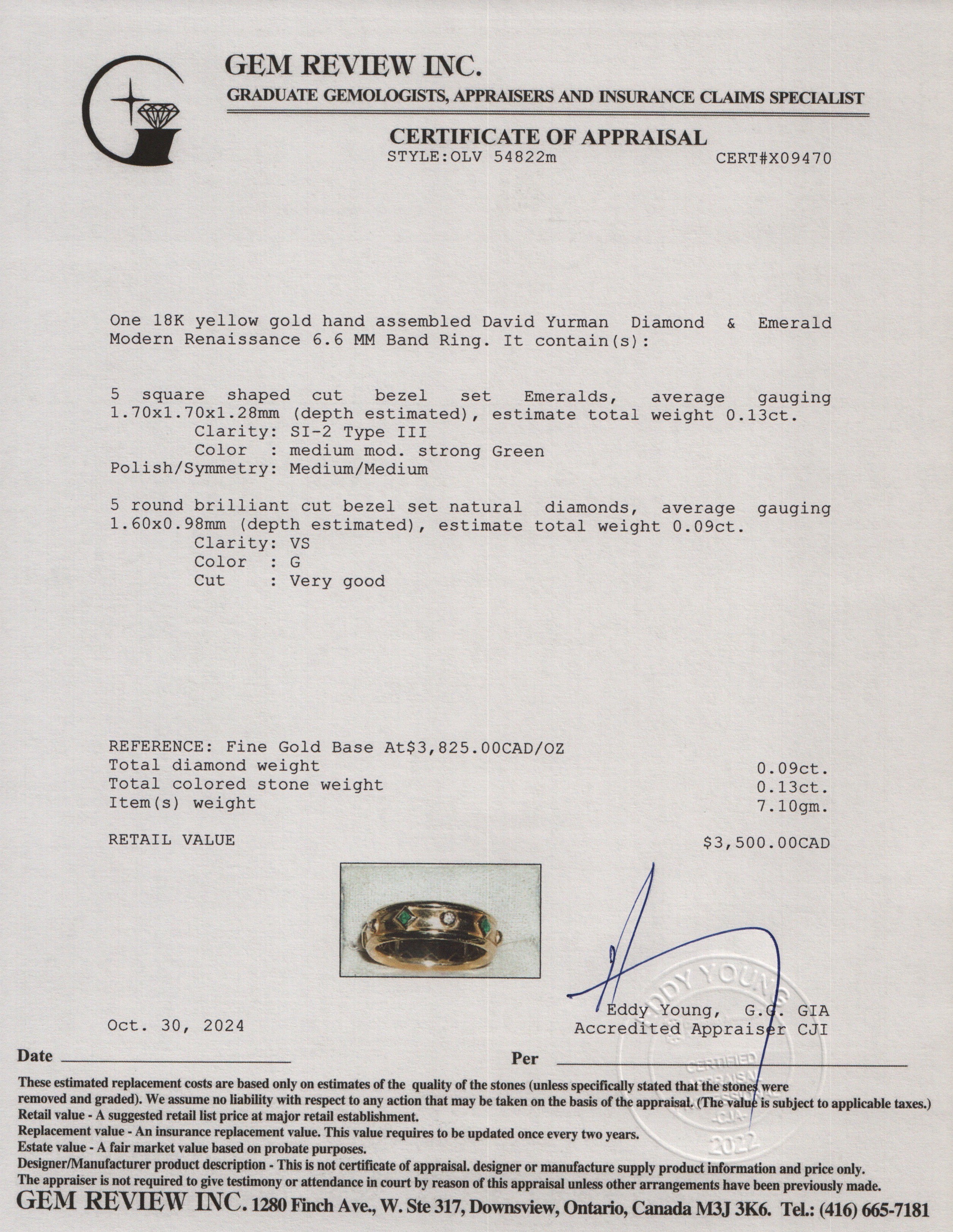 David Yurman 18k Yellow Gold Diamond & Emerald Modern Renaissance 6.6 MM Band Ring, Size 7.25