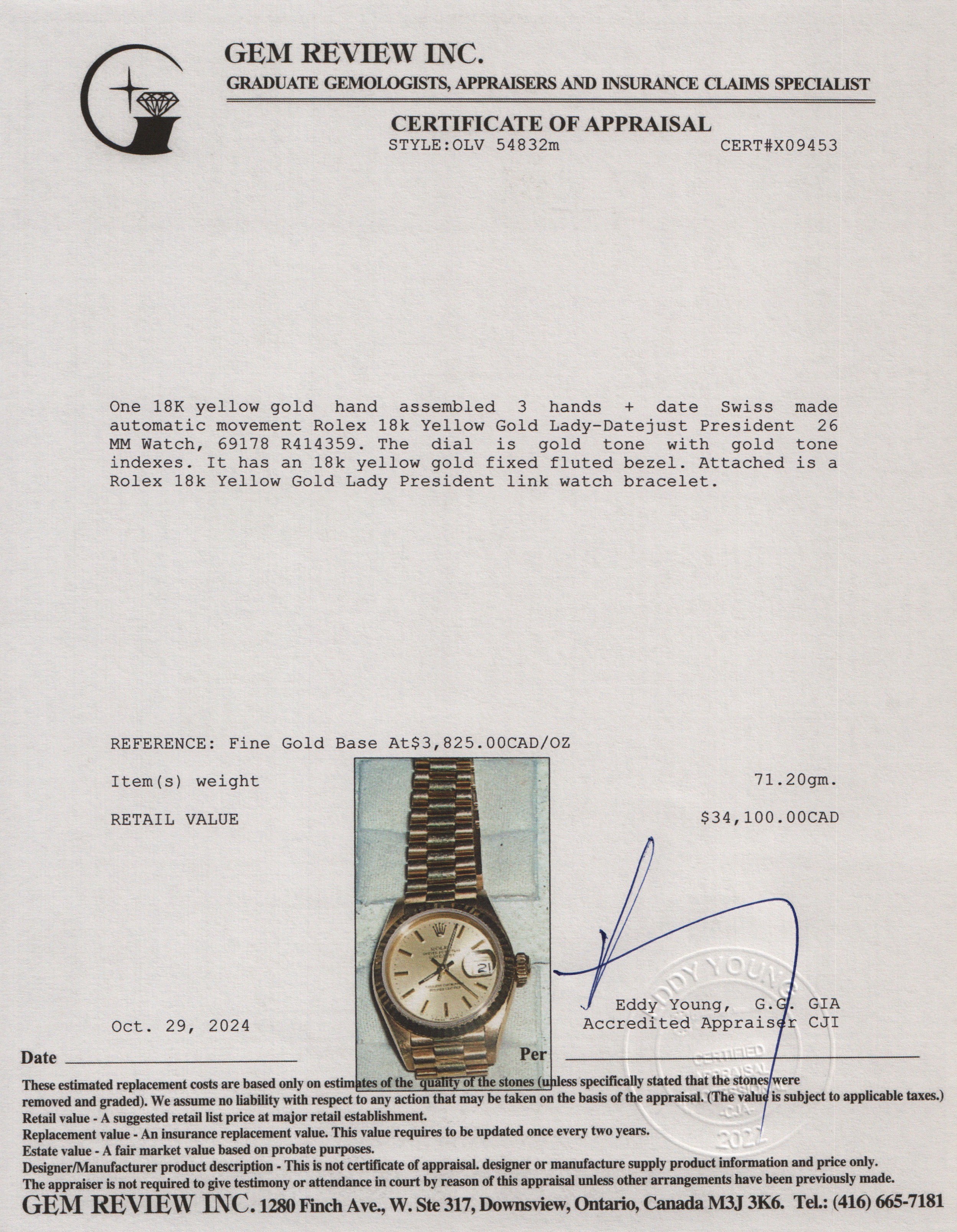 Rolex 18k Yellow Gold Lady-Datejust President 26 MM Watch 69178