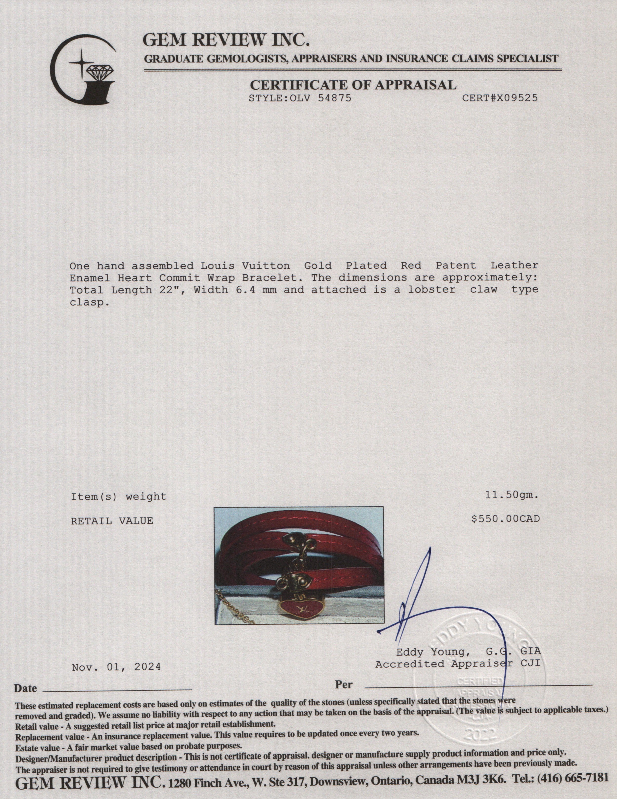 Louis Vuitton Gold Plated Red Patent Leather Enamel Heart Commit Wrap Bracelet