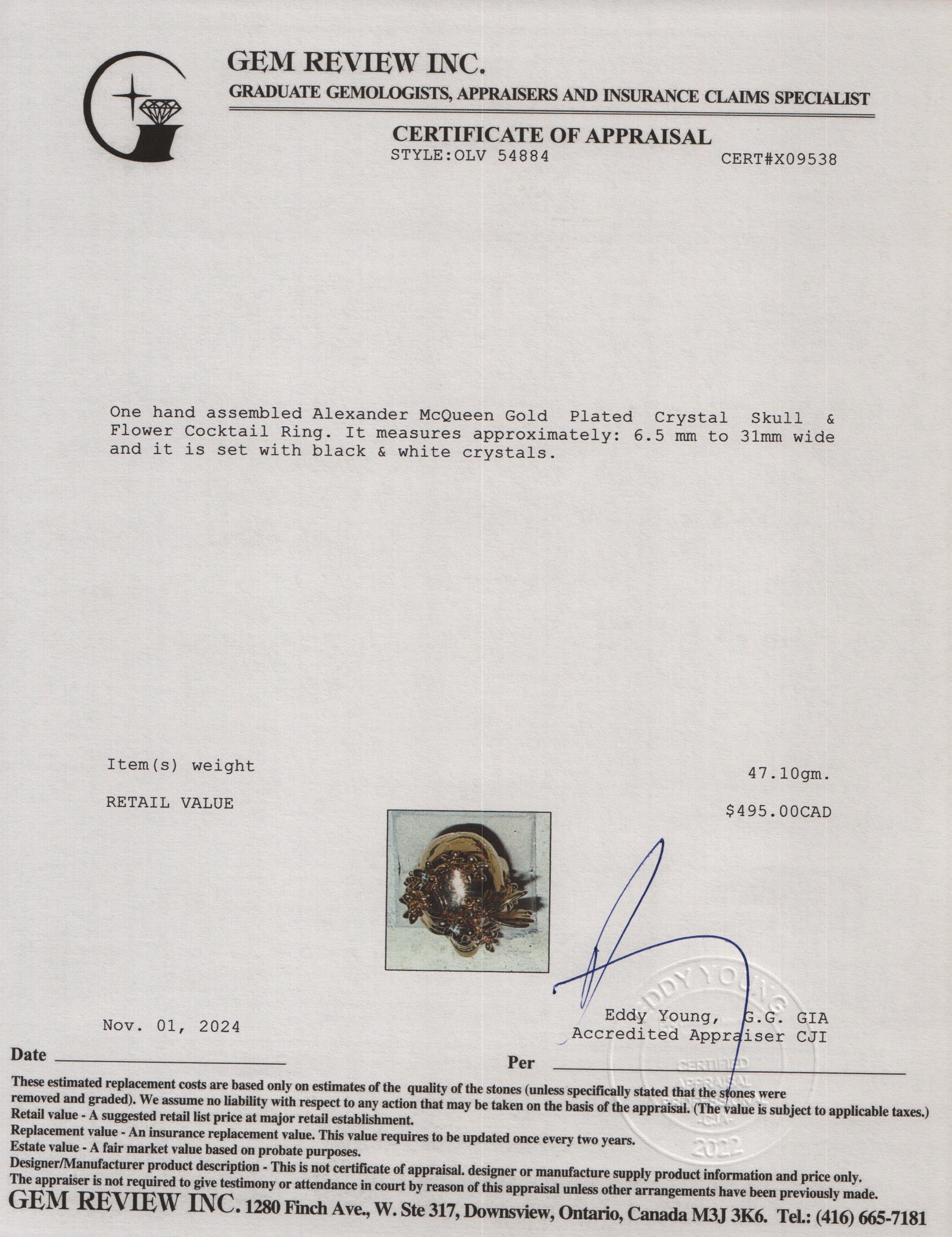 Alexander McQueen Gold Plated Crystal Skull & Flower Cocktail Ring, Size 5.25