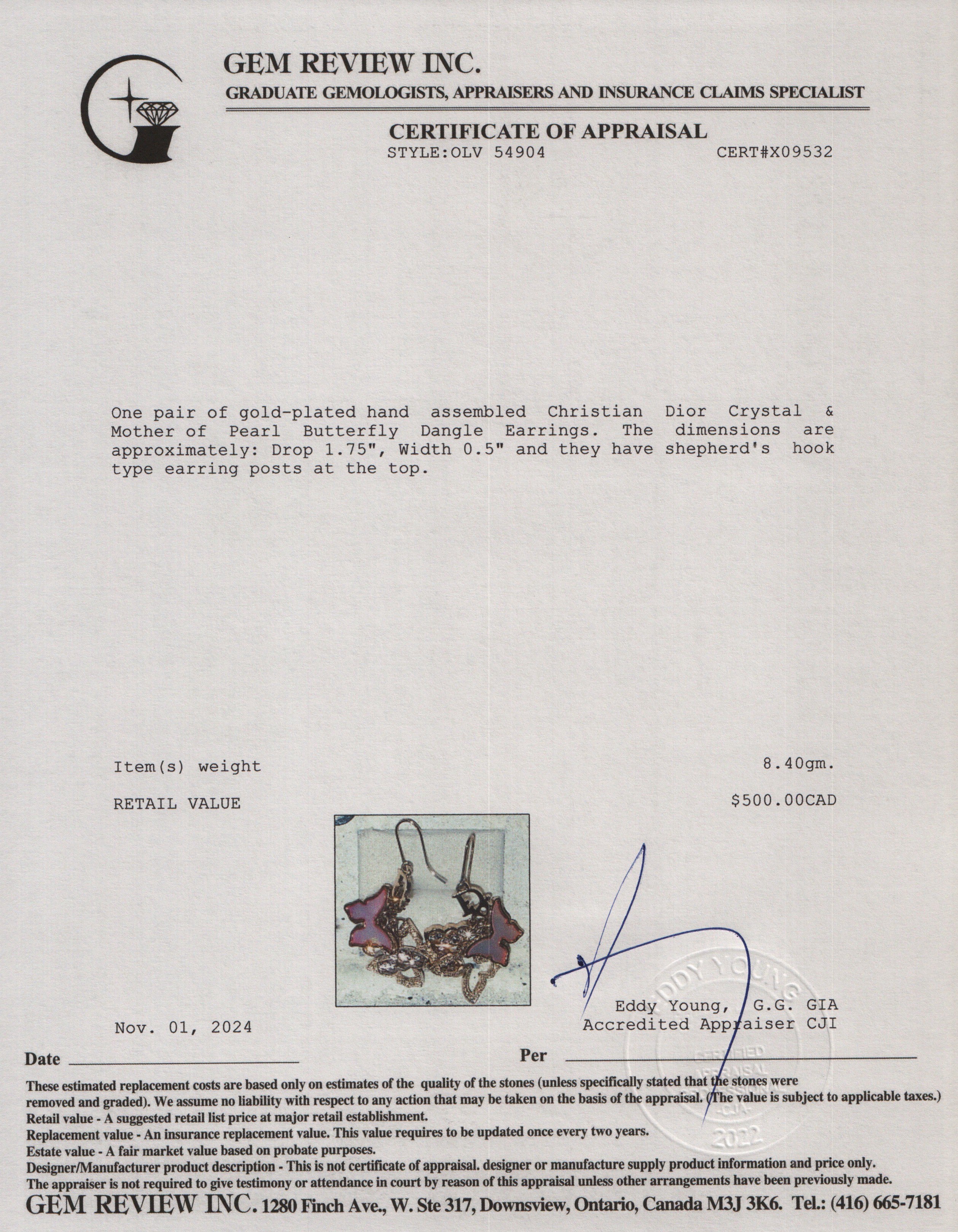 Christian Dior Gold Plated Crystal & Mother of Pearl Butterfly Dangle Earrings