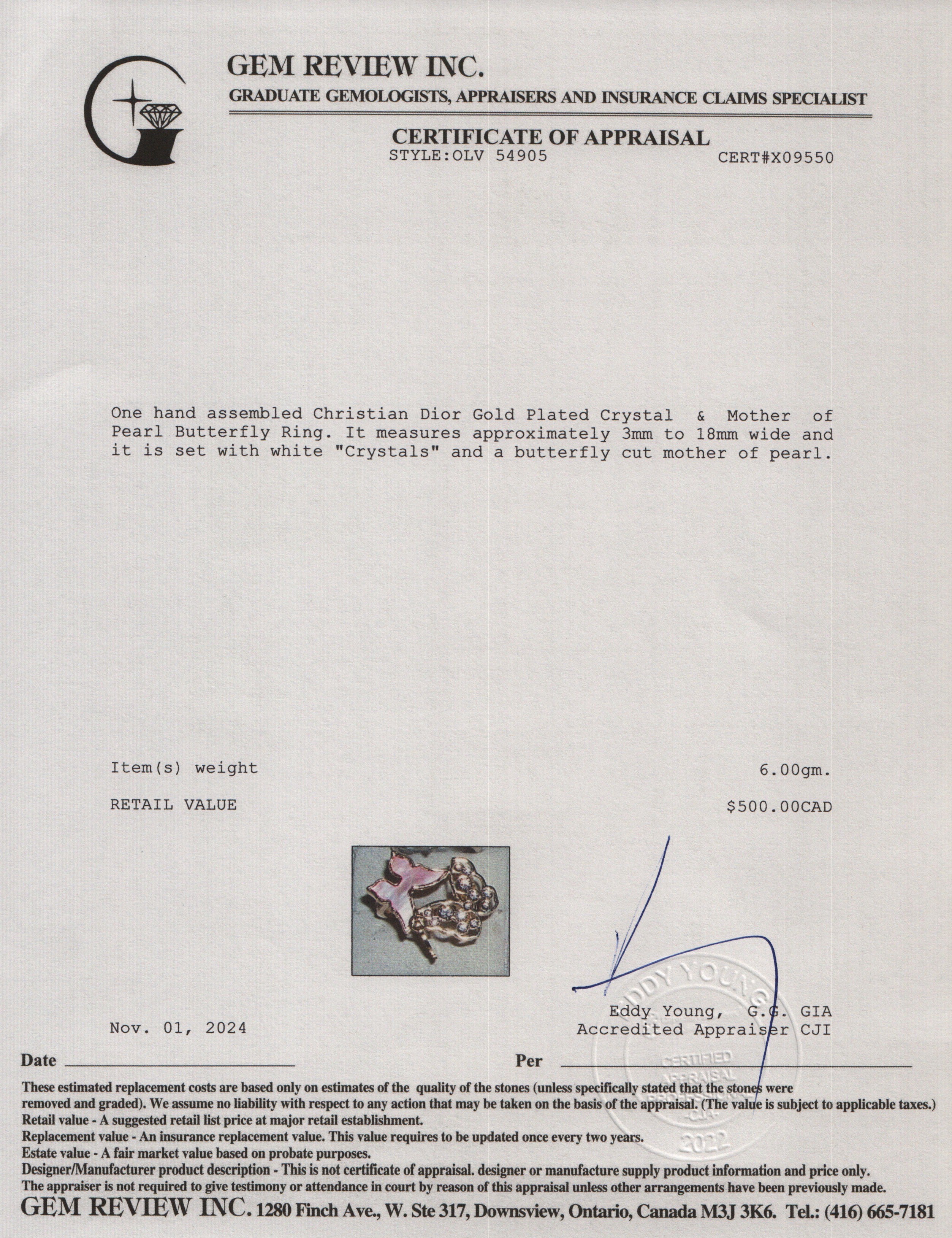 Christian Dior Gold Plated Crystal & Mother of Pearl Butterfly Ring, Size 6.5