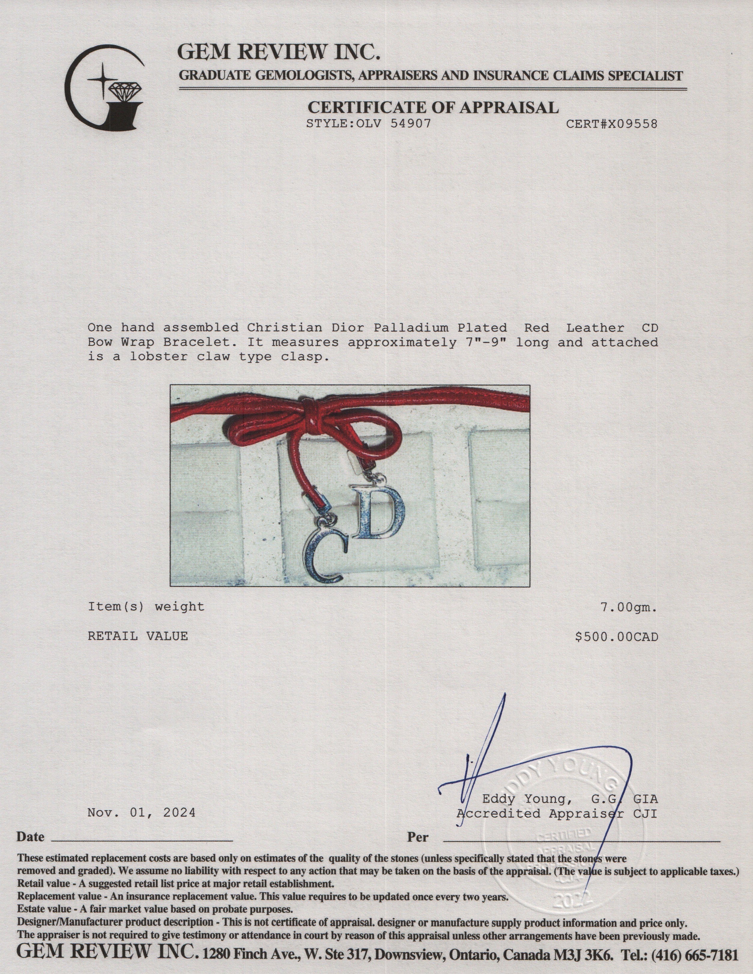 Christian Dior Palladium Plated Red Leather CD Bow Wrap Bracelet