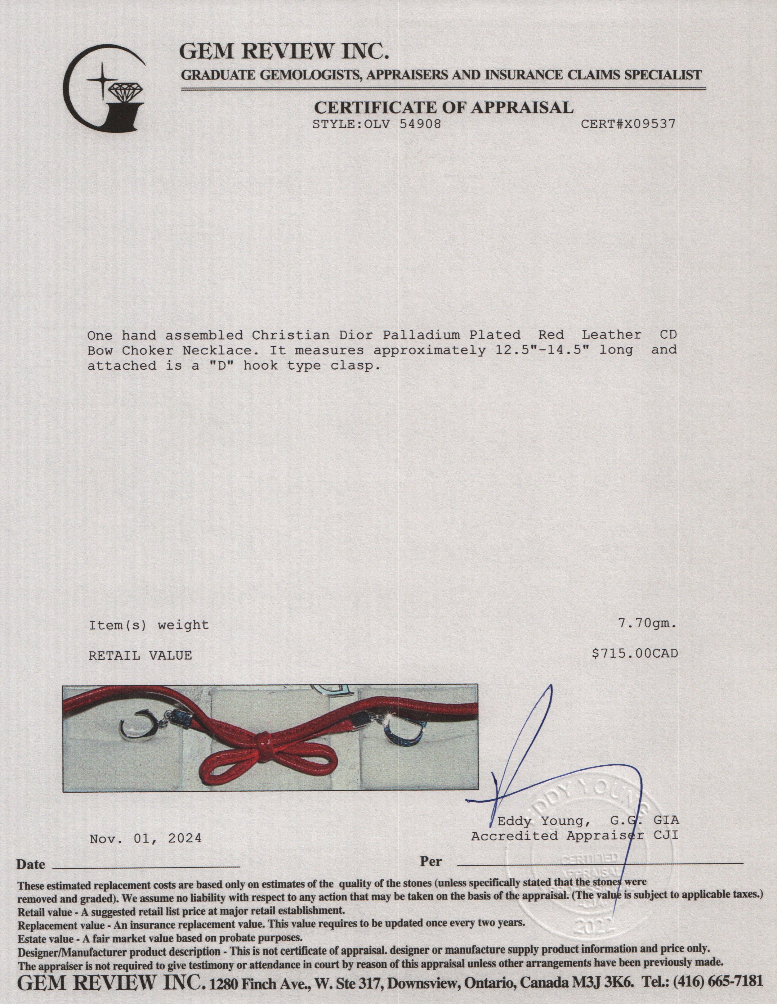 Christian Dior Palladium Plated Red Leather CD Bow Choker Necklace w/ Box