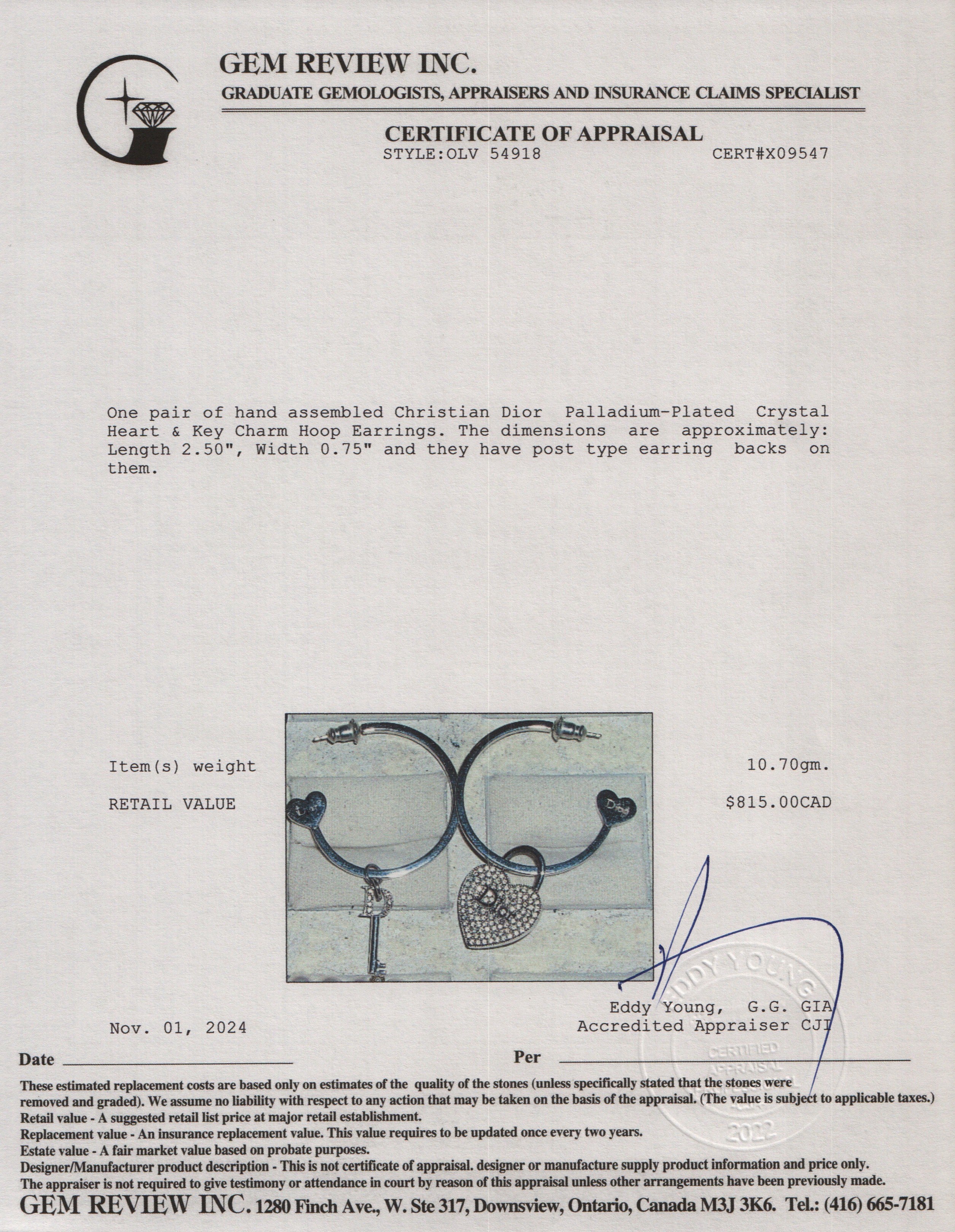 Christian Dior Palladium-Plated Crystal Heart & Key Charm Hoop Earrings