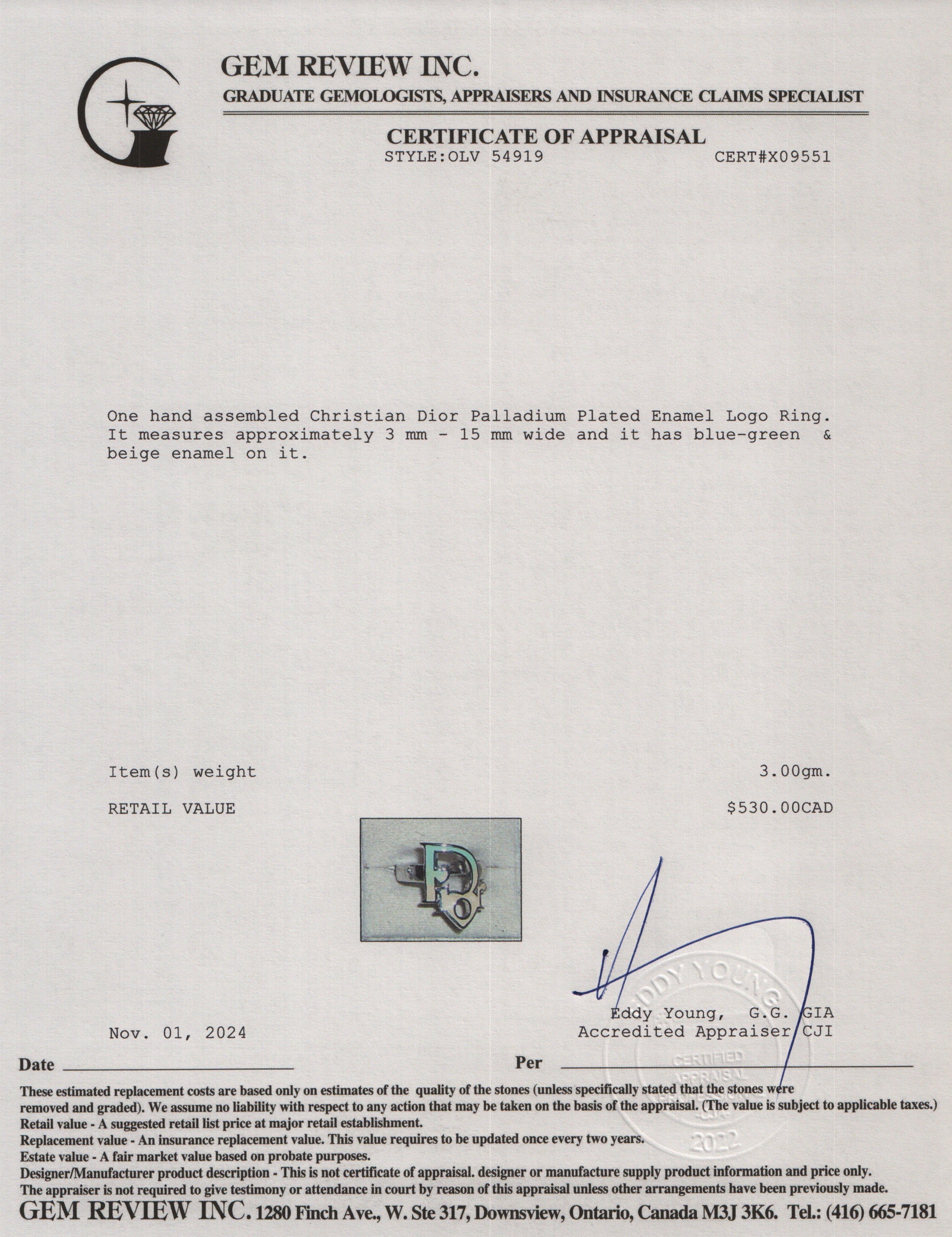 Christian Dior Palladium Plated Enamel Logo Ring, Size 6