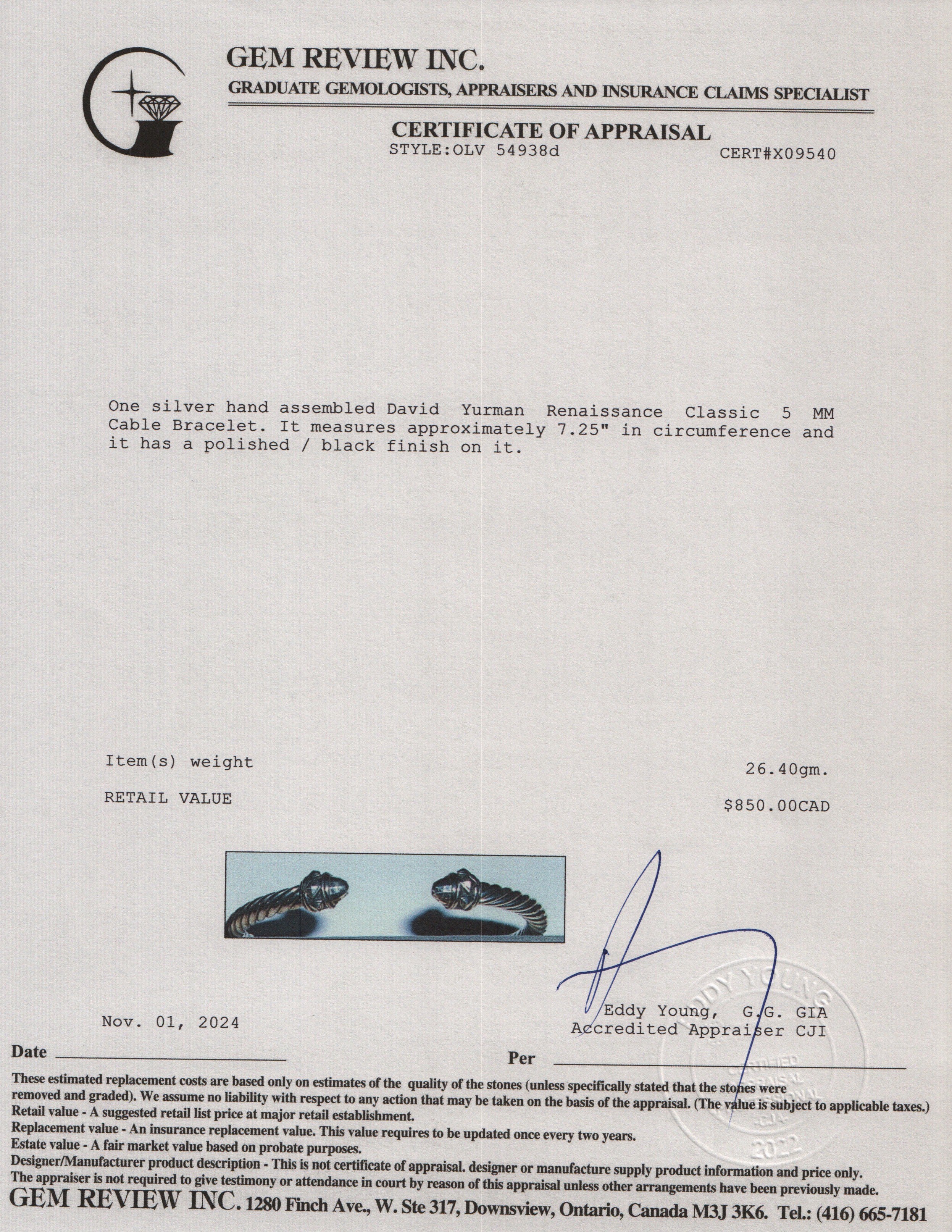 David Yurman Sterling Silver Renaissance Classic 5 MM Cable Bracelet