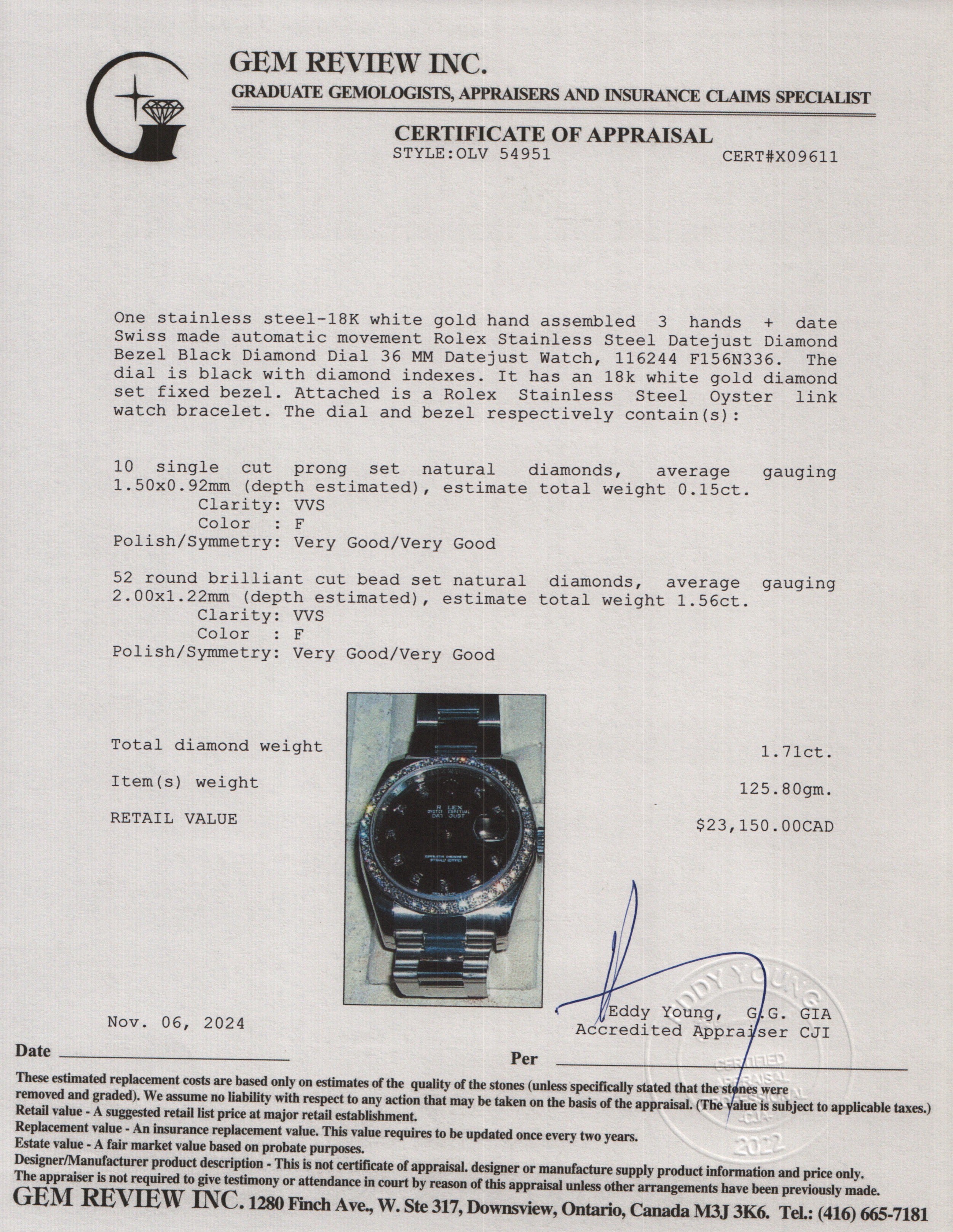 Rolex Stainless Steel Datejust Diamond Bezel Black Diamond Dial 36 MM Datejust Watch 116244 w/ Box & Papers