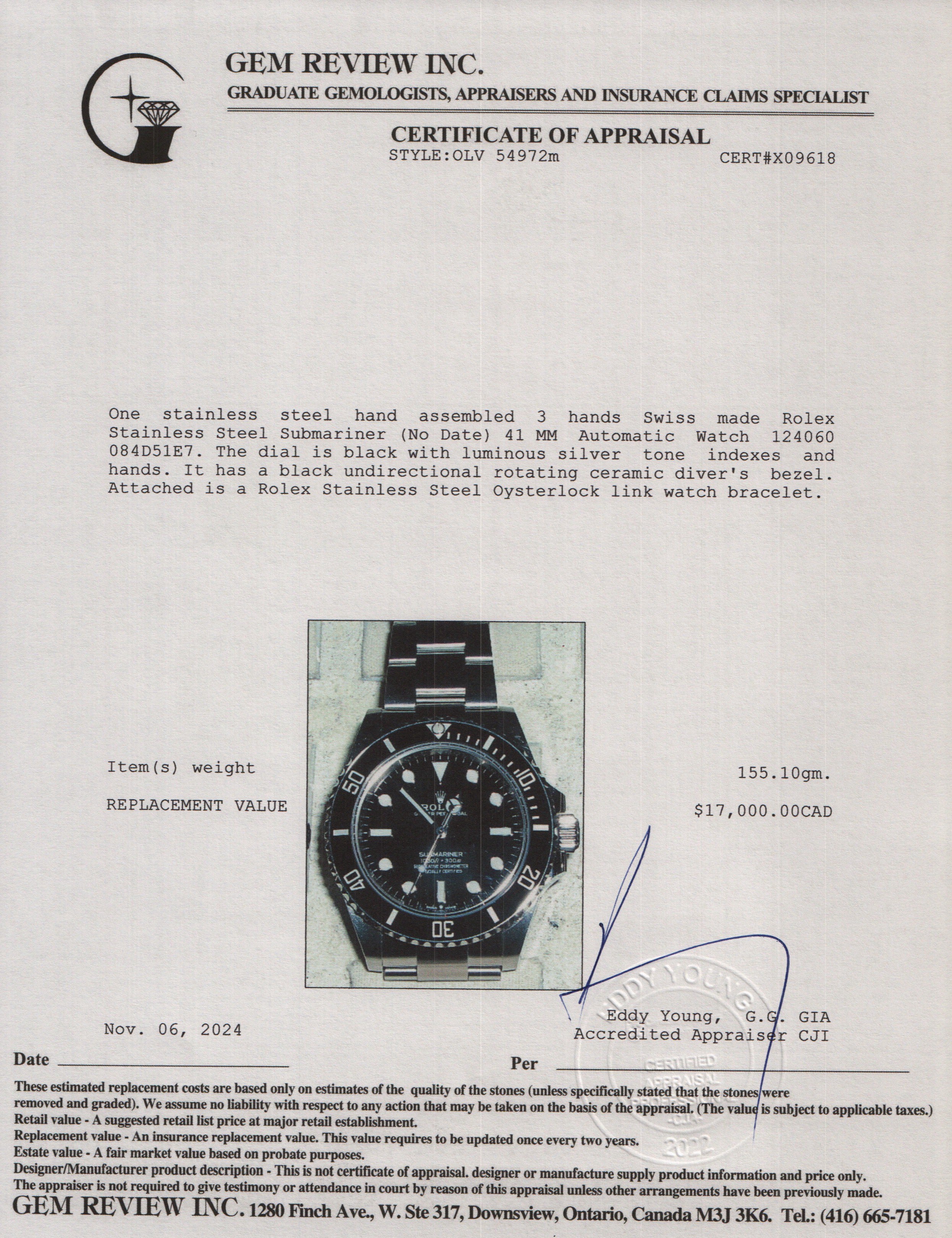 Rolex Stainless Steel Submariner (No Date) 41 MM Automatic Watch 124060 w/ Box & Papers