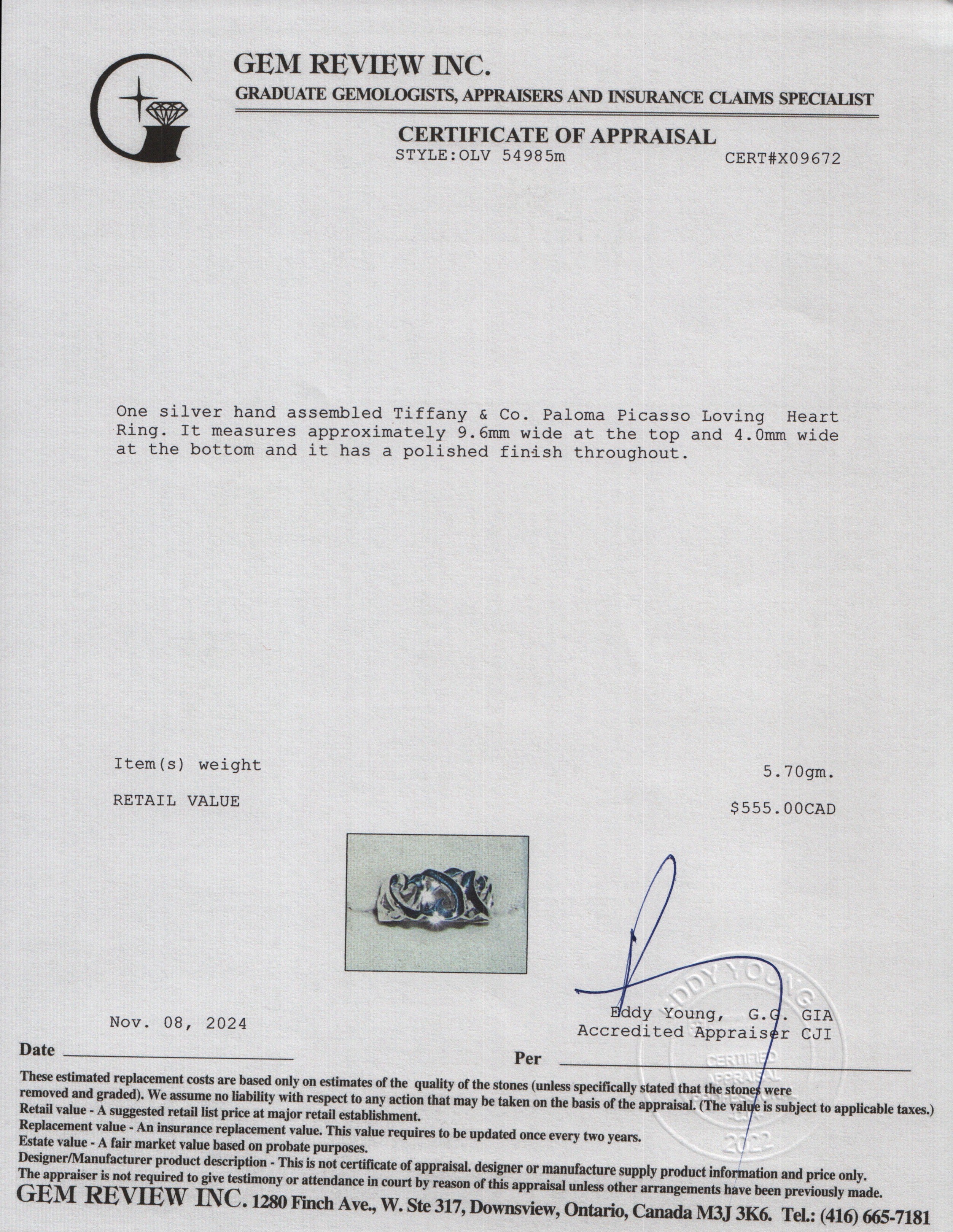 Tiffany & Co. Paloma Picasso Sterling Silver Loving Heart Ring, Size 6.25