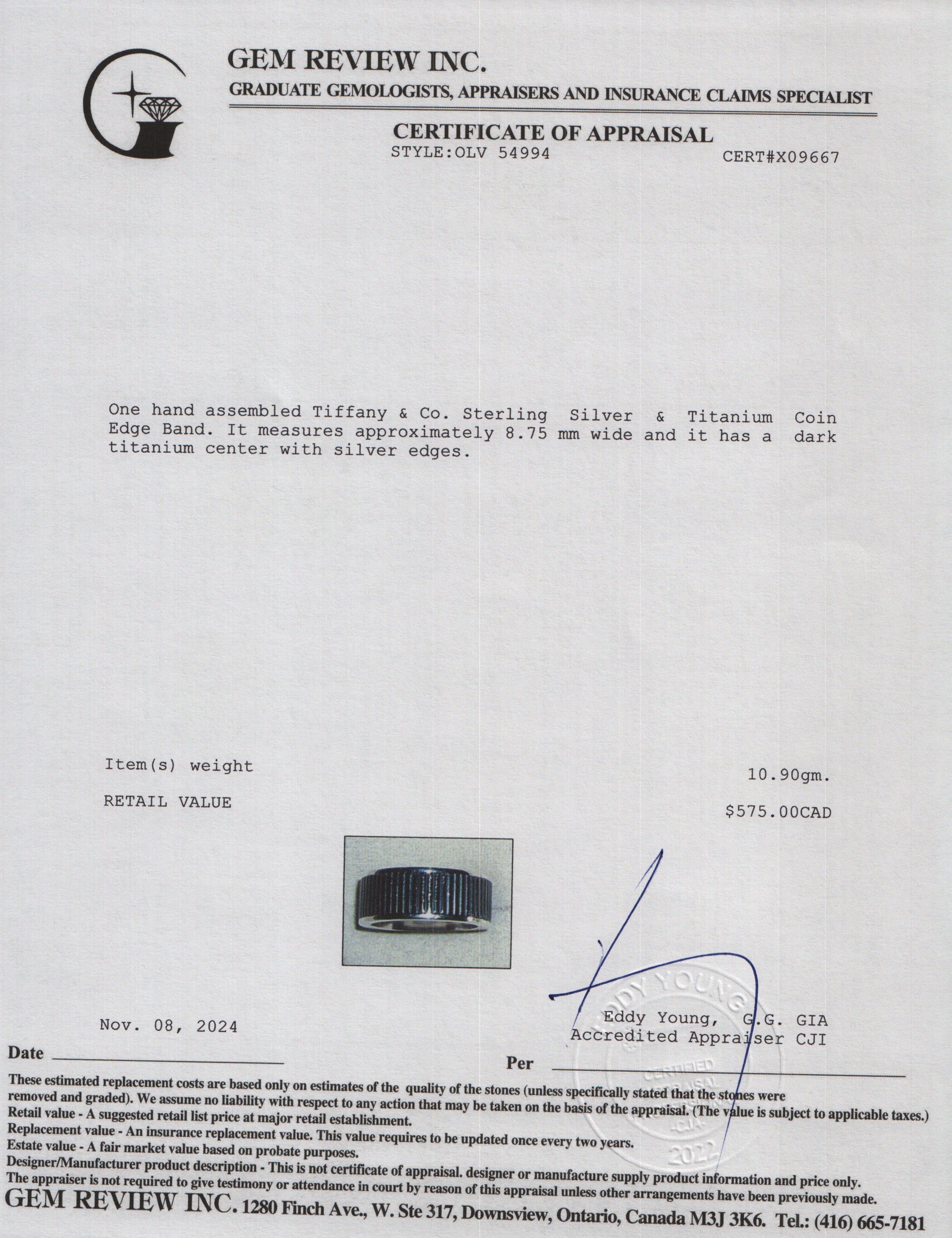 Tiffany & Co. Sterling Silver & Titanium Coin Edge Band, Size 7.5