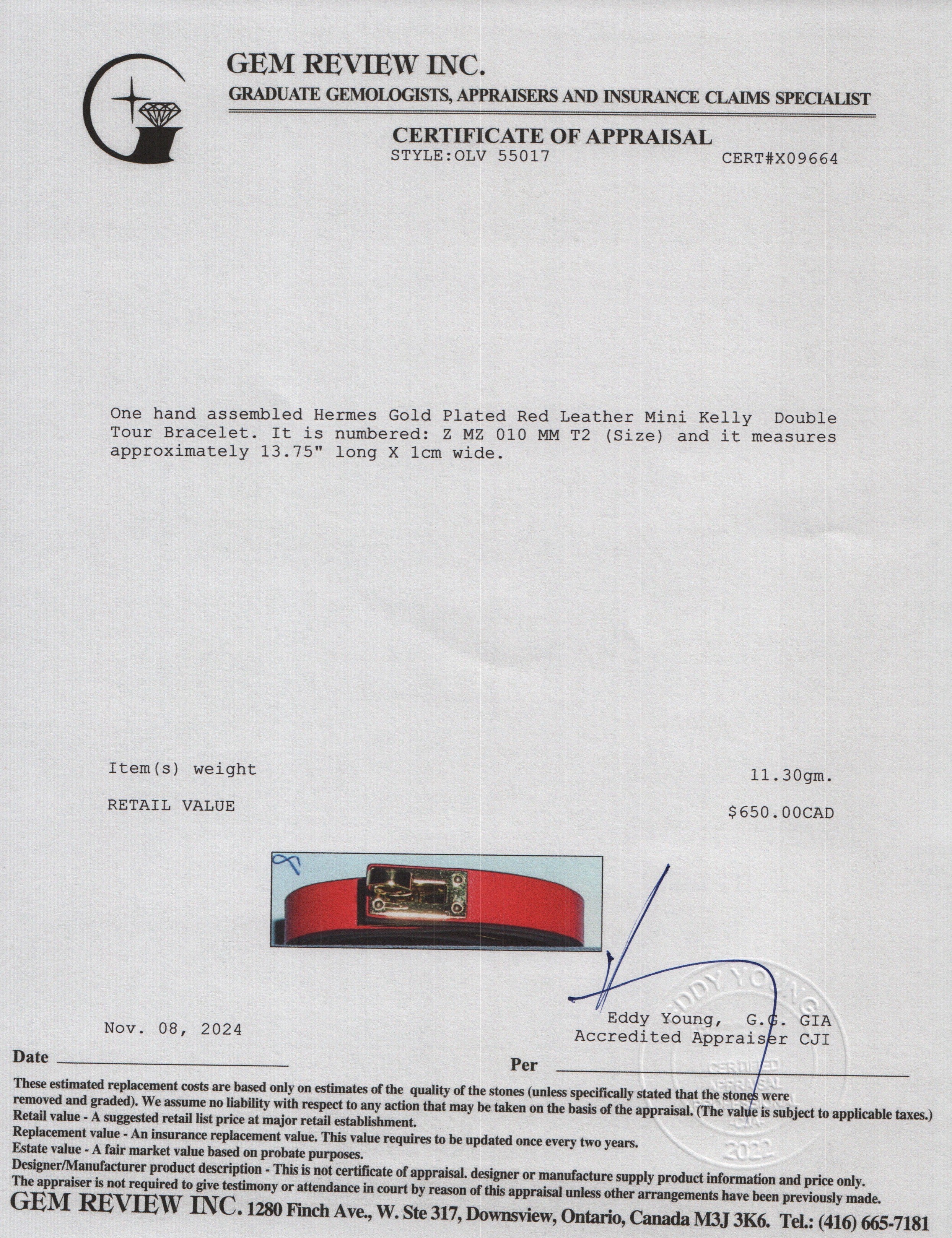 Hermes Gold Plated Red Leather Mini Kelly Double Tour Bracelet, Size T2 w/ Box