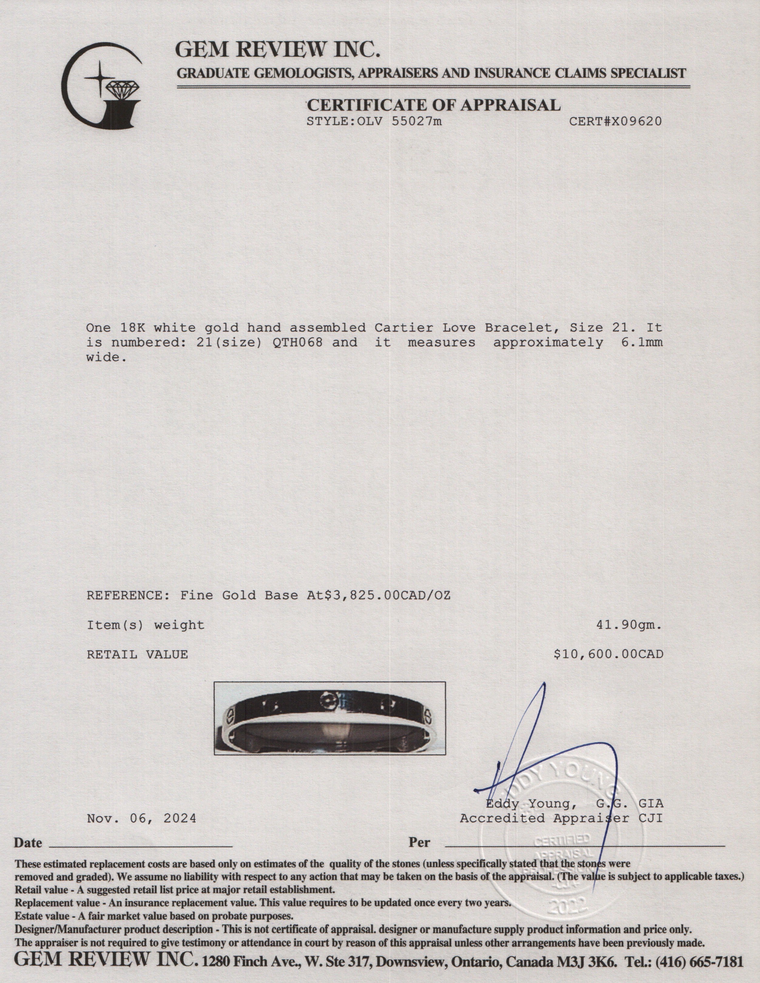 Cartier 2022 18k White Gold Love Bracelet, Size 21 w/ Box & Certificate