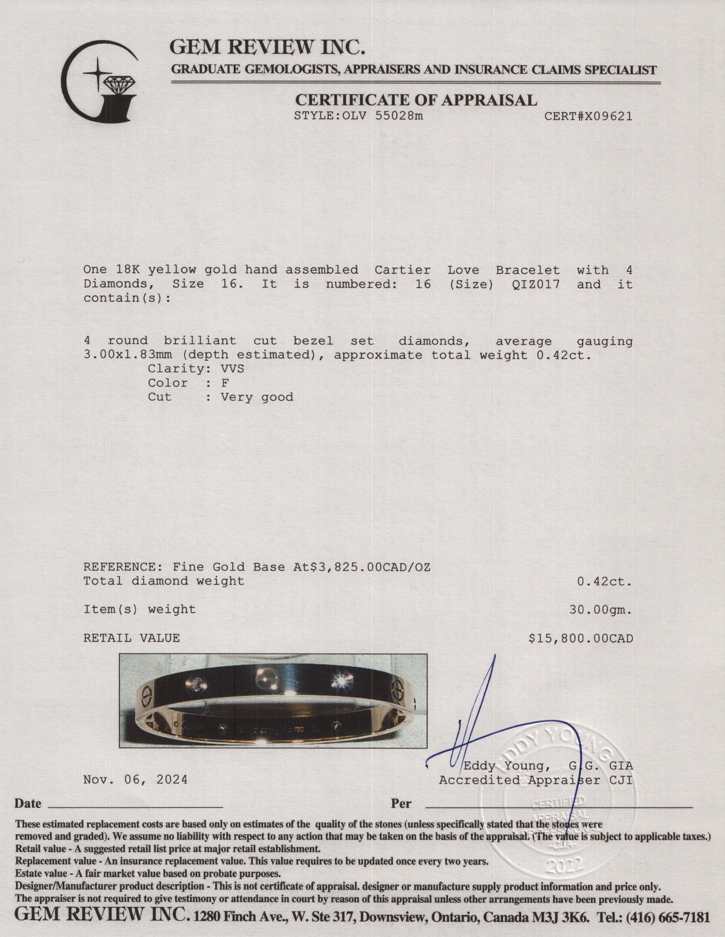 Cartier 2022 18k Yellow Gold Love Bracelet with 4 Diamonds, Size 16 w/ Box, Certificate & Receipt