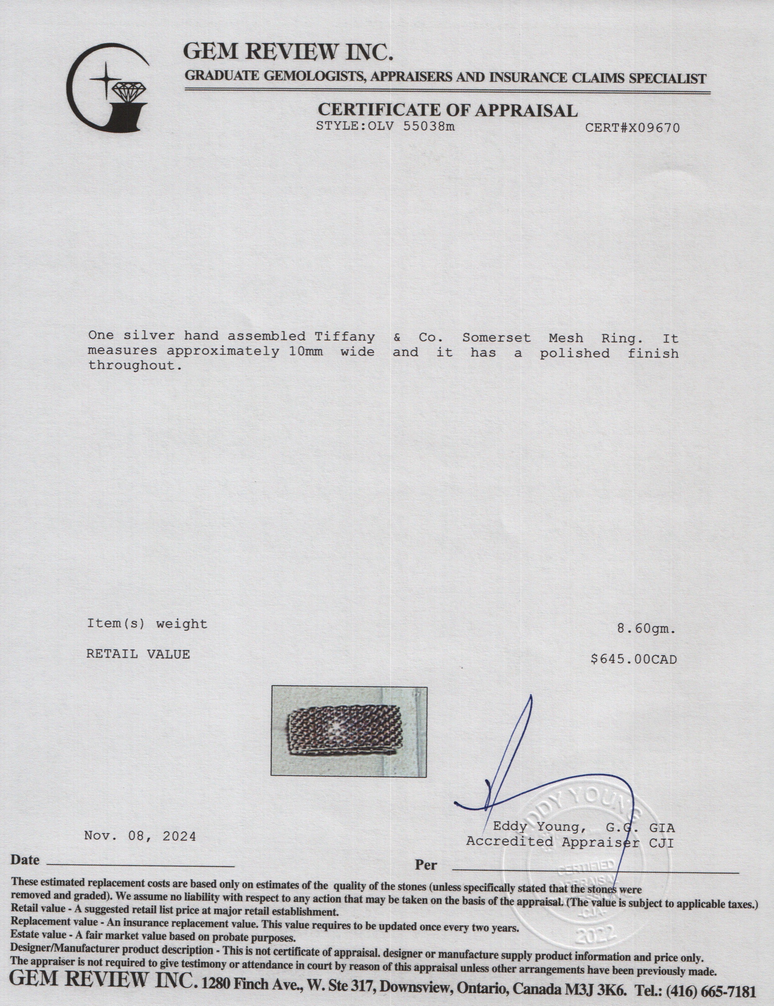 Tiffany & Co. Sterling Silver Somerset Mesh Ring, Size 7.5