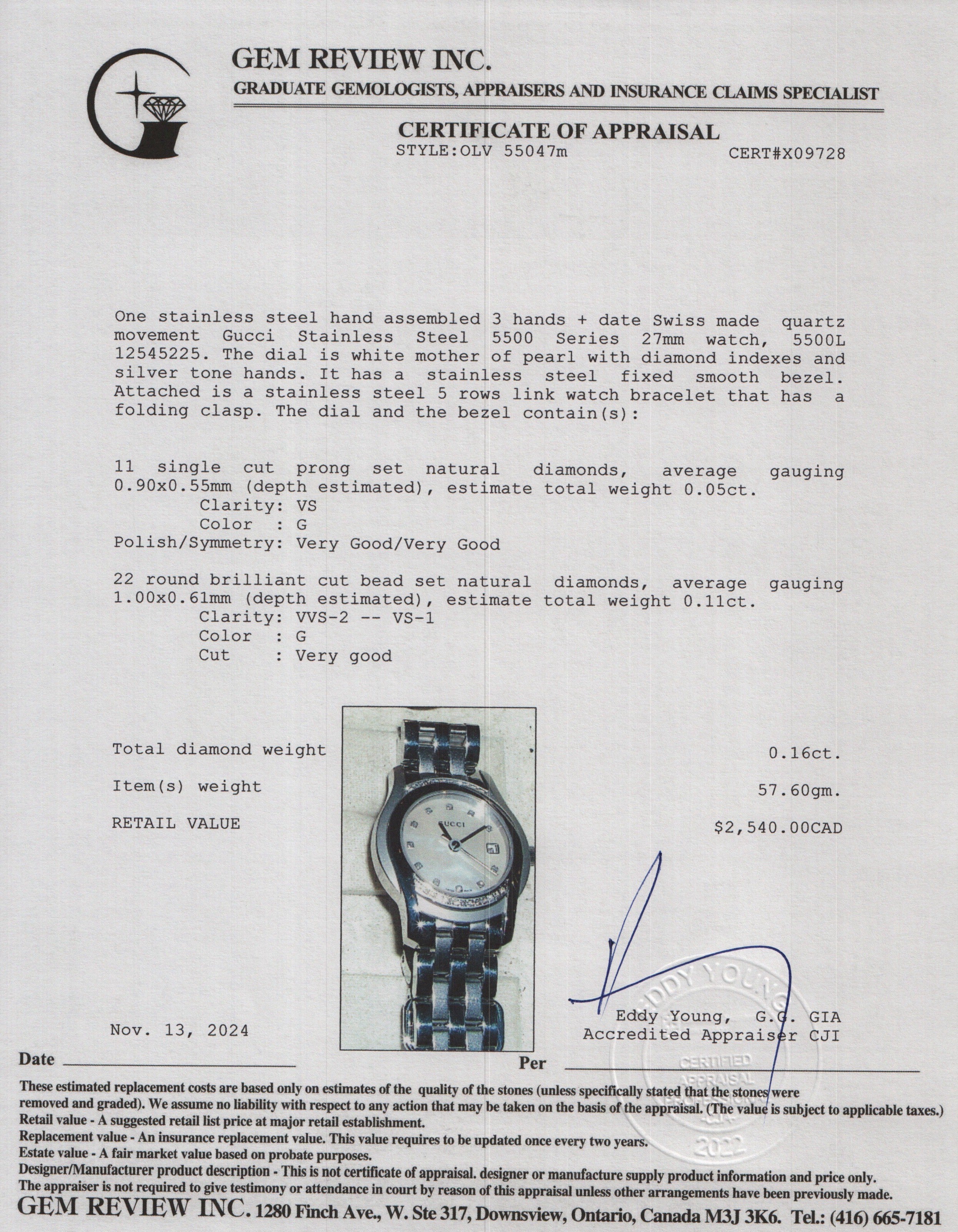 Gucci Stainless Steel 5500 Series Diamond Bezel & Diamond Mother of Pearl Dial 27 MM Watch