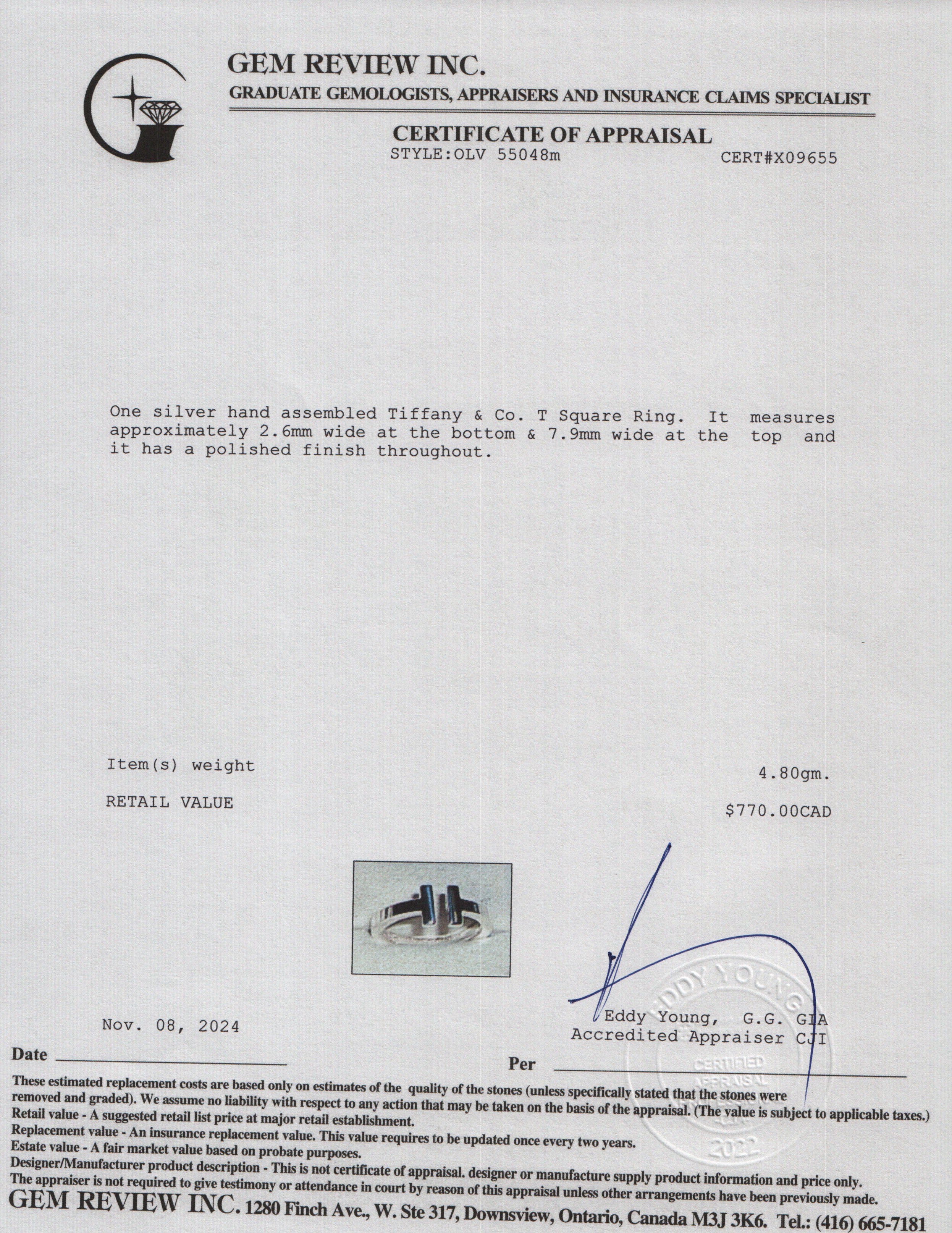 Tiffany & Co. Sterling Silver T Square Ring, Size 7.5